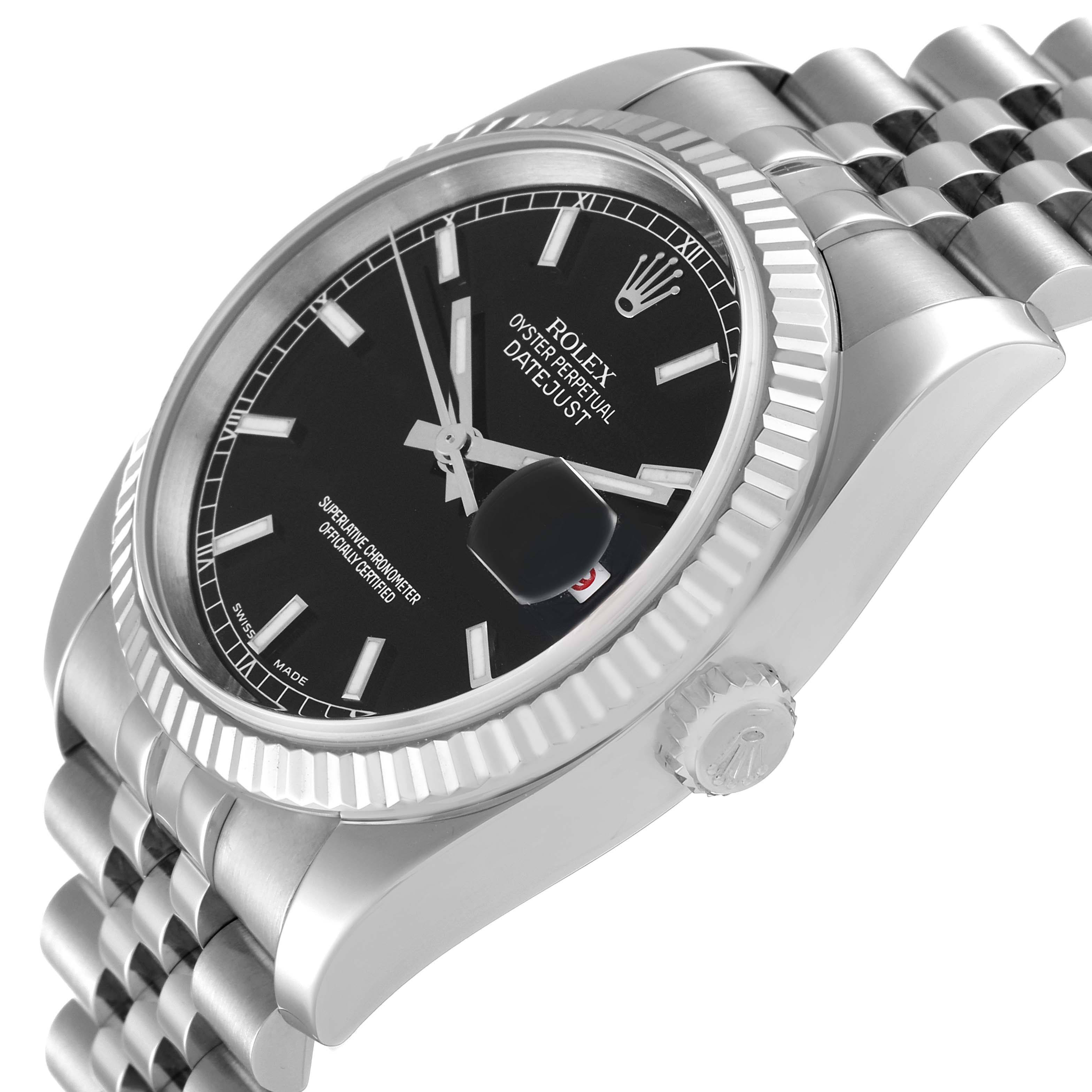 The image shows a close-up angled view of the Rolex Datejust 116234 Men's Stainless Steel Black Dial 116234 Men's Stainless Steel Black Dial watch, highlighting its face, bezel, crown, and a portion of its metal bracelet.