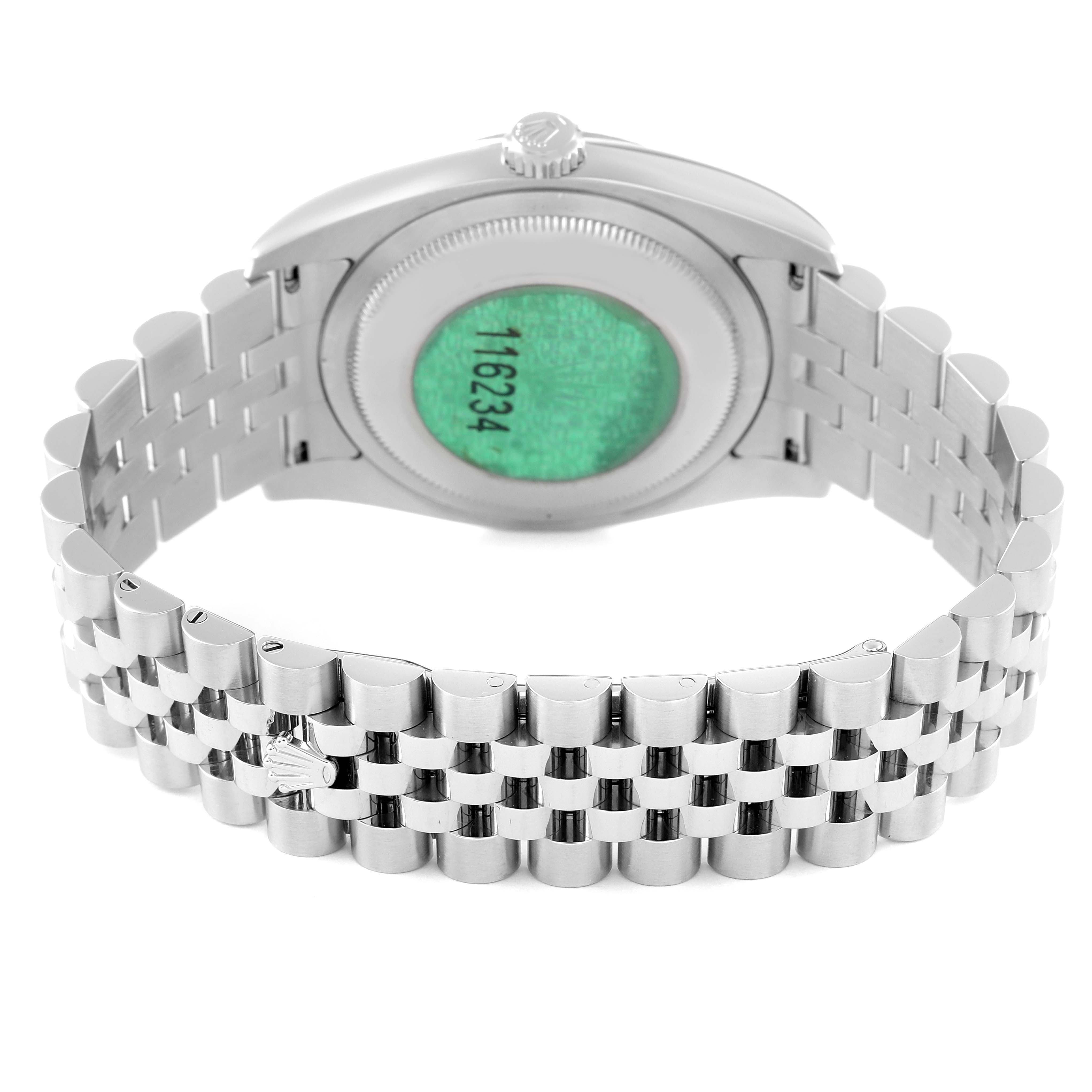 The image shows the back view of a Rolex Datejust 116234 Men's Stainless Steel Black Dial 116234 Men's Stainless Steel Black Dial model watch, focusing on the bracelet and case back.