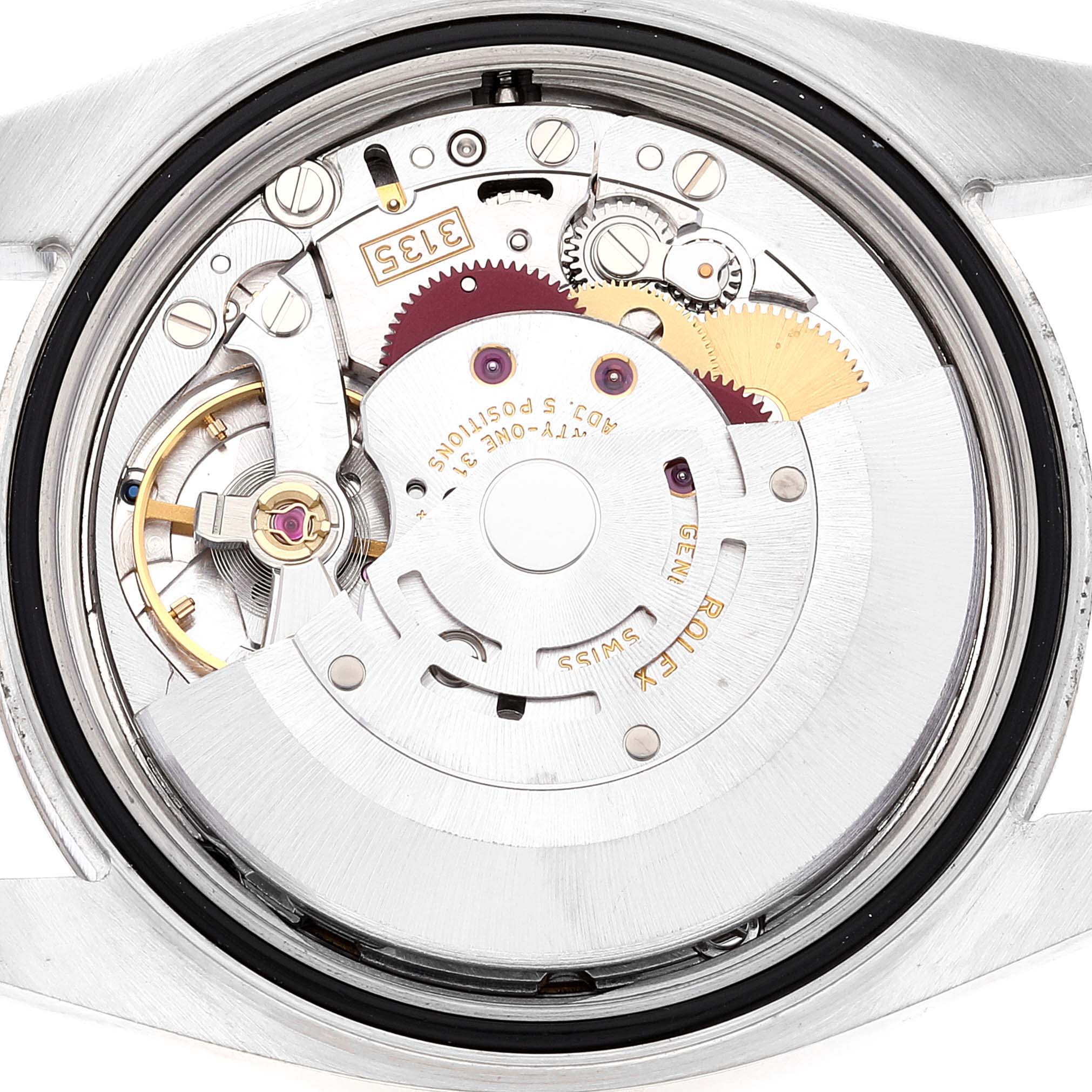 The image shows a close-up of the movement and internal components of a Rolex Datejust 116234 Men's Stainless Steel Black Dial 116234 Men's Stainless Steel Black Dial watch.