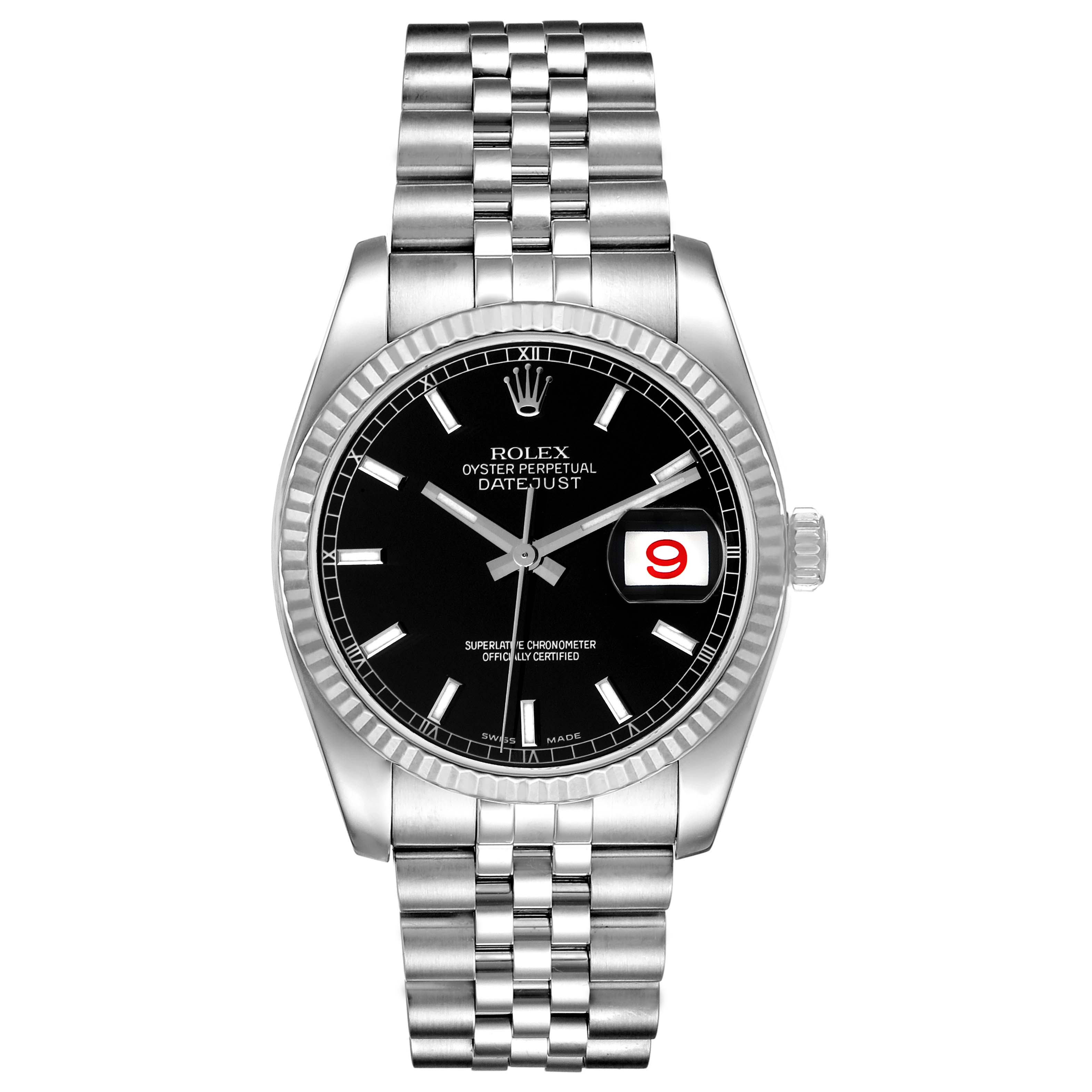 The image shows a Rolex Datejust 116234 Men's Stainless Steel Black Dial 116234 Men's Stainless Steel Black Dial watch with a silver bracelet and a black dial, featuring a date window.