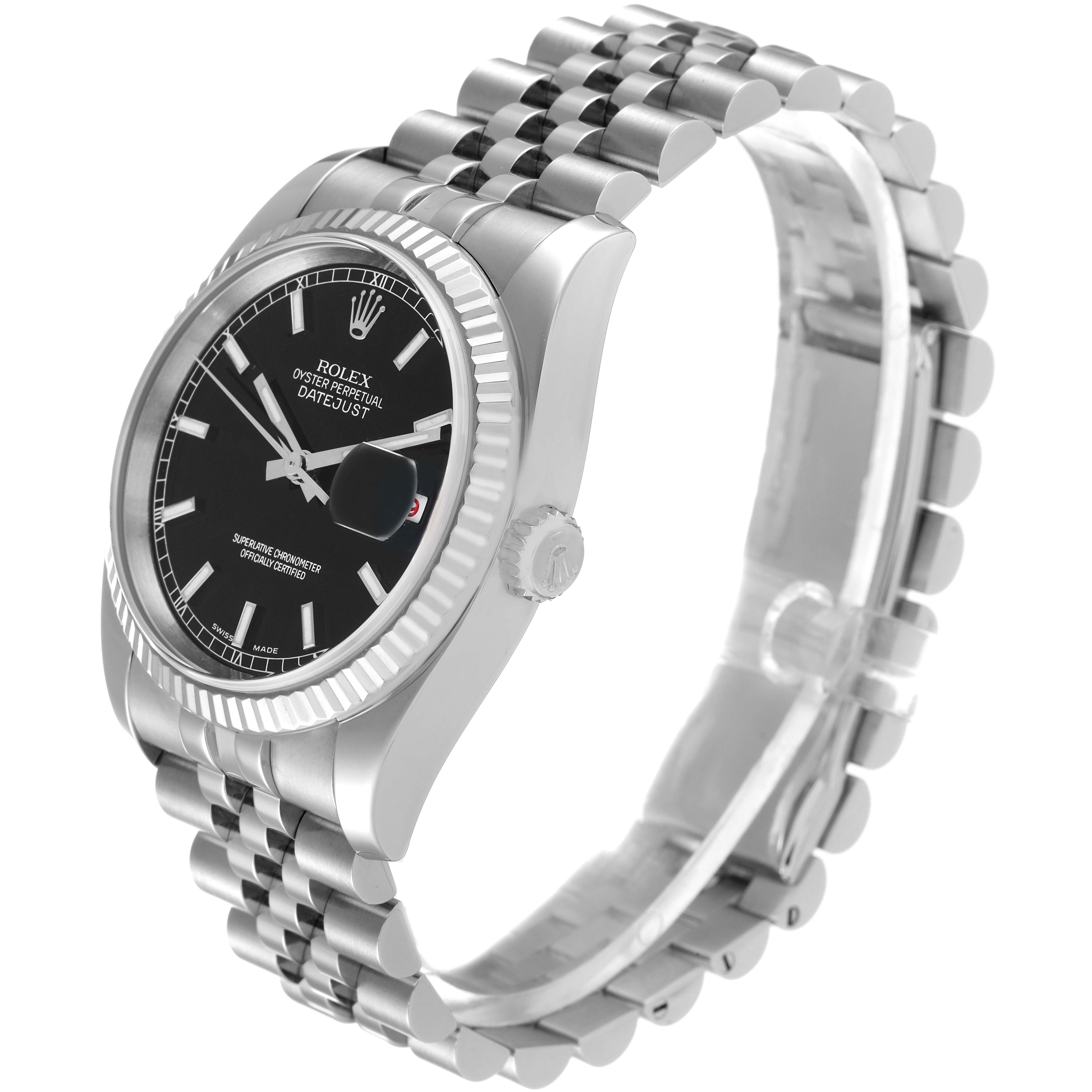 The Rolex Datejust 116234 Men's Stainless Steel Black Dial 116234 Men's Stainless Steel Black Dial watch is shown at a three-quarter angle, featuring its black dial, fluted bezel, and jubilee bracelet.