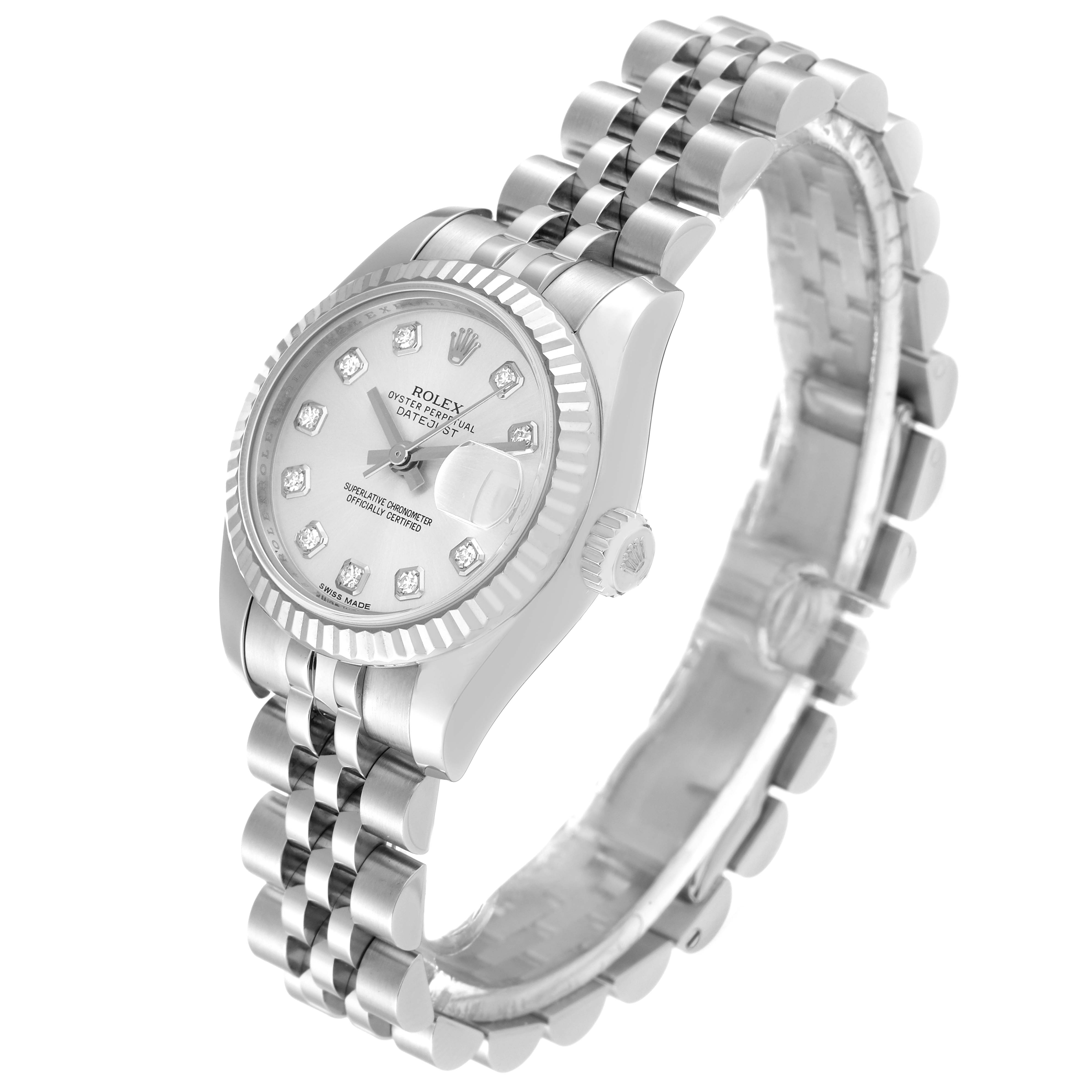 The image shows a Rolex Datejust 179174 Women's Stainless Steel Silver Dial 179174 Women's Stainless Steel Silver Dial watch angled from the front-left, highlighting the dial, bezel, and bracelet.