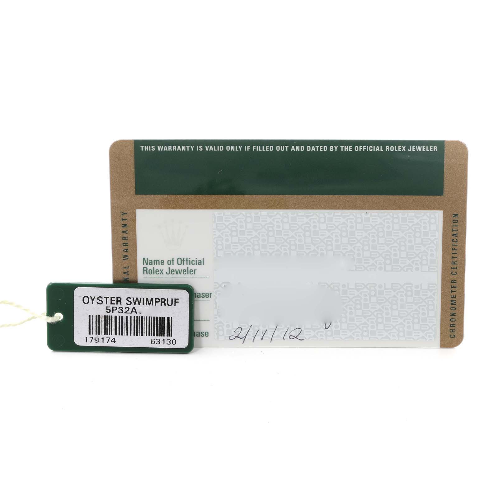 The image shows a warranty card and a green tag for the Rolex Datejust 179174 Women's Stainless Steel Silver Dial 179174 Women's Stainless Steel Silver Dial watch, indicating model specifics and certification details.