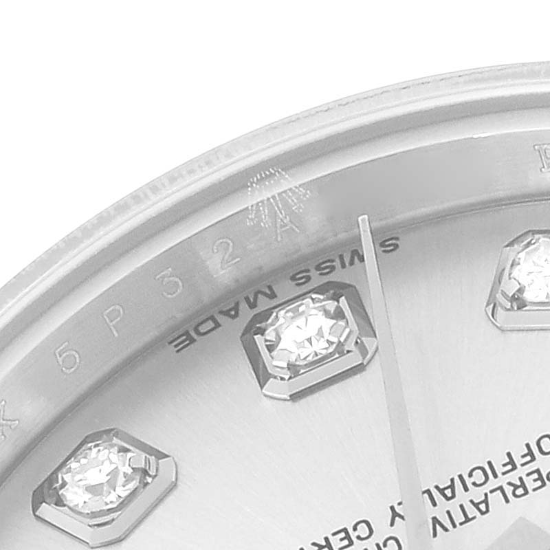This image shows a close-up of the dial and hour markers on a Rolex Datejust 179174 Women's Stainless Steel Silver Dial 179174 Women's Stainless Steel Silver Dial watch.