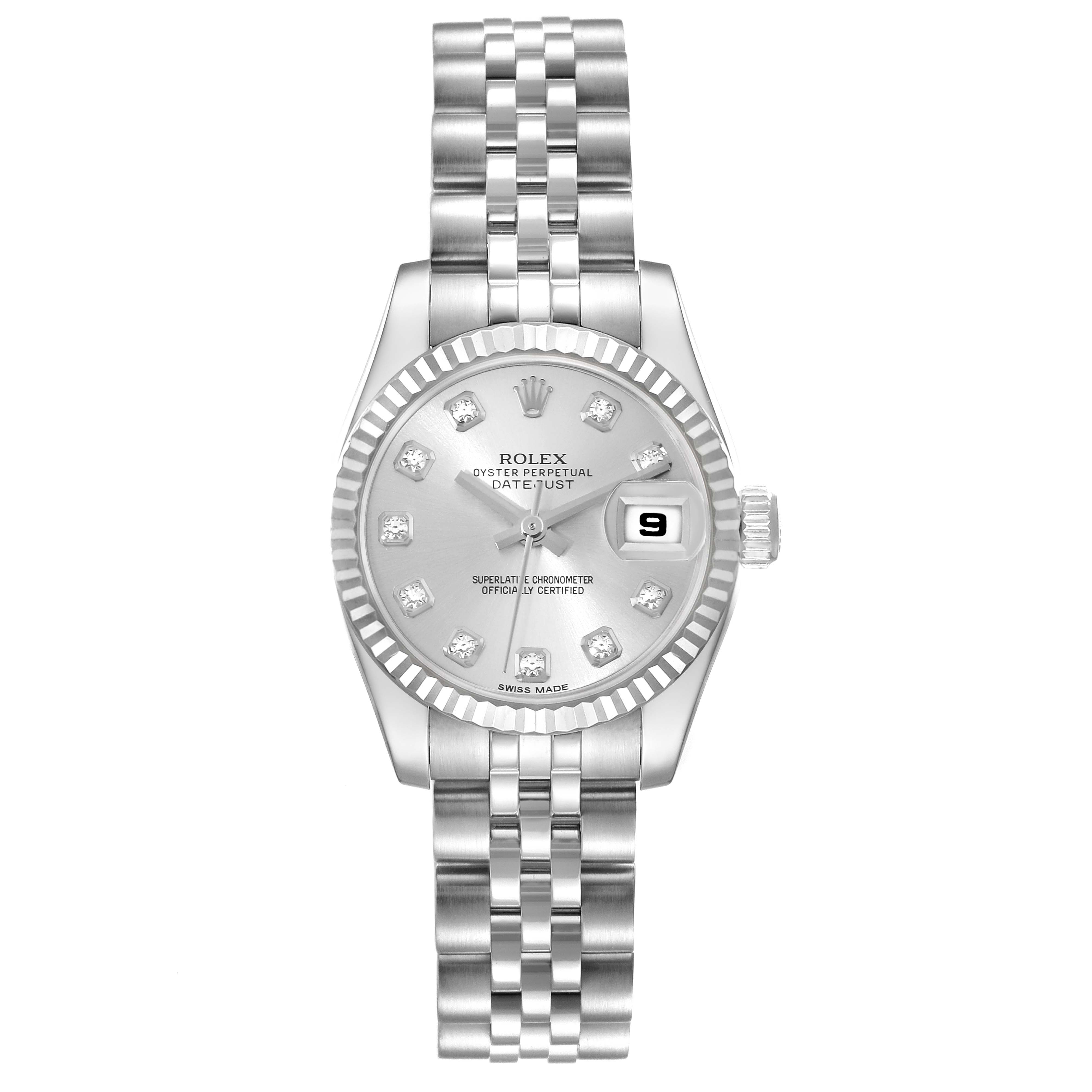This image shows a frontal view of a Rolex Datejust 179174 Women's Stainless Steel Silver Dial 179174 Women's Stainless Steel Silver Dial watch, highlighting the dial, bezel, bracelet, and date window.