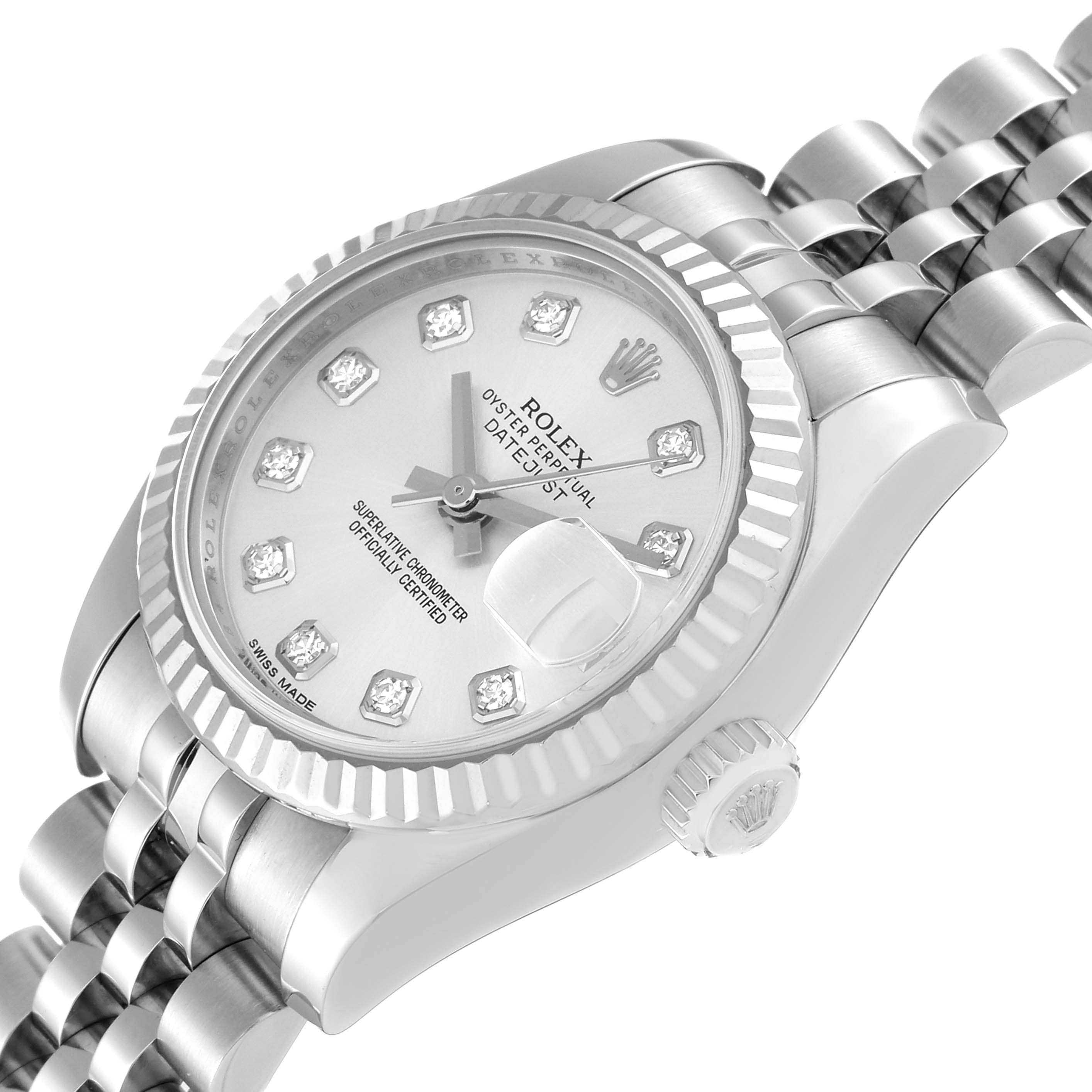 This image shows a close-up angle of the face, bezel, and part of the bracelet of the Rolex Datejust 179174 Women's Stainless Steel Silver Dial 179174 Women's Stainless Steel Silver Dial watch.