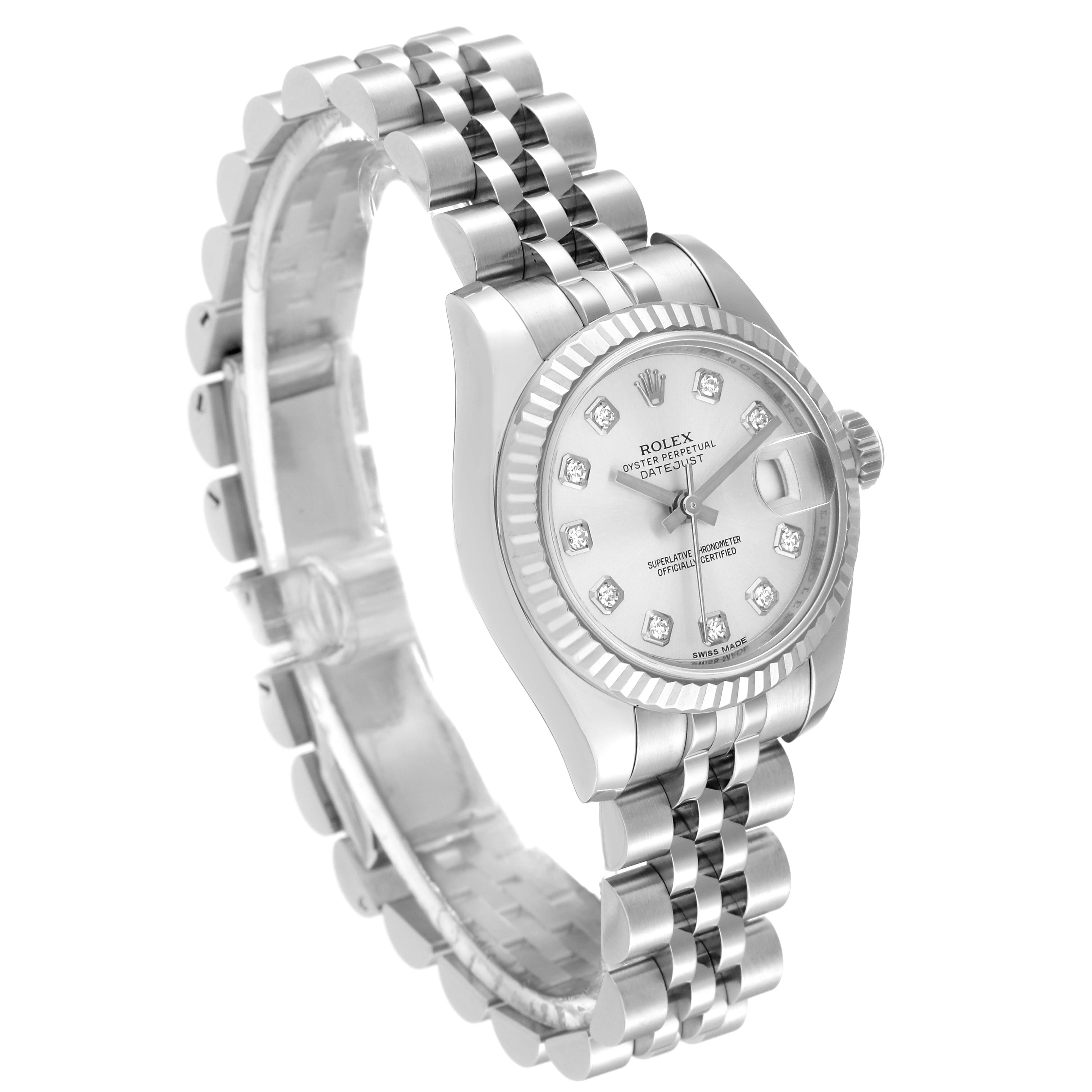 The image shows a Rolex Datejust 179174 Women's Stainless Steel Silver Dial 179174 Women's Stainless Steel Silver Dial watch at a three-quarter angle, showcasing the dial, bezel, crown, and bracelet.