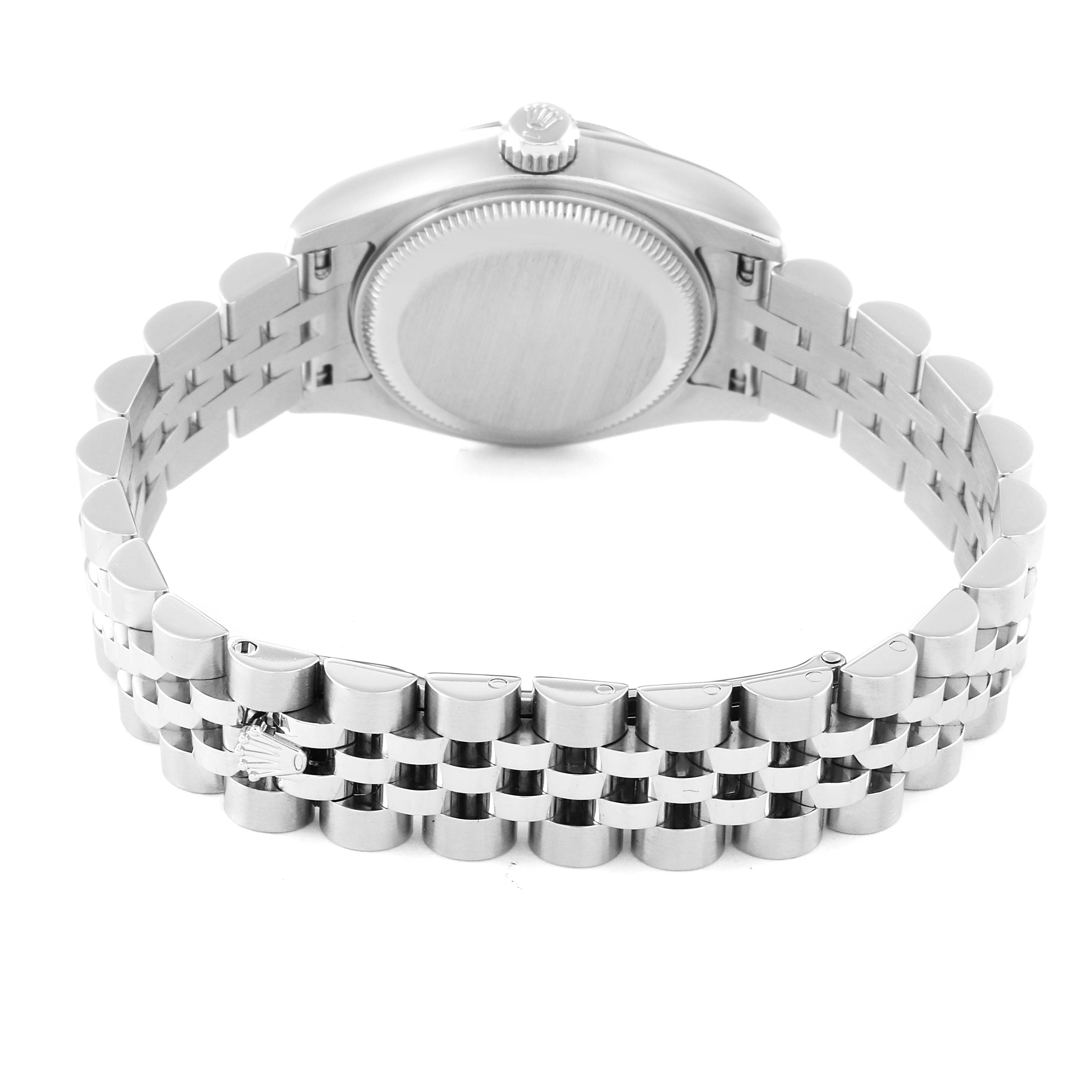 This image shows the back view of a Rolex Datejust 179174 Women's Stainless Steel Silver Dial 179174 Women's Stainless Steel Silver Dial watch, highlighting its case back and jubilee bracelet.