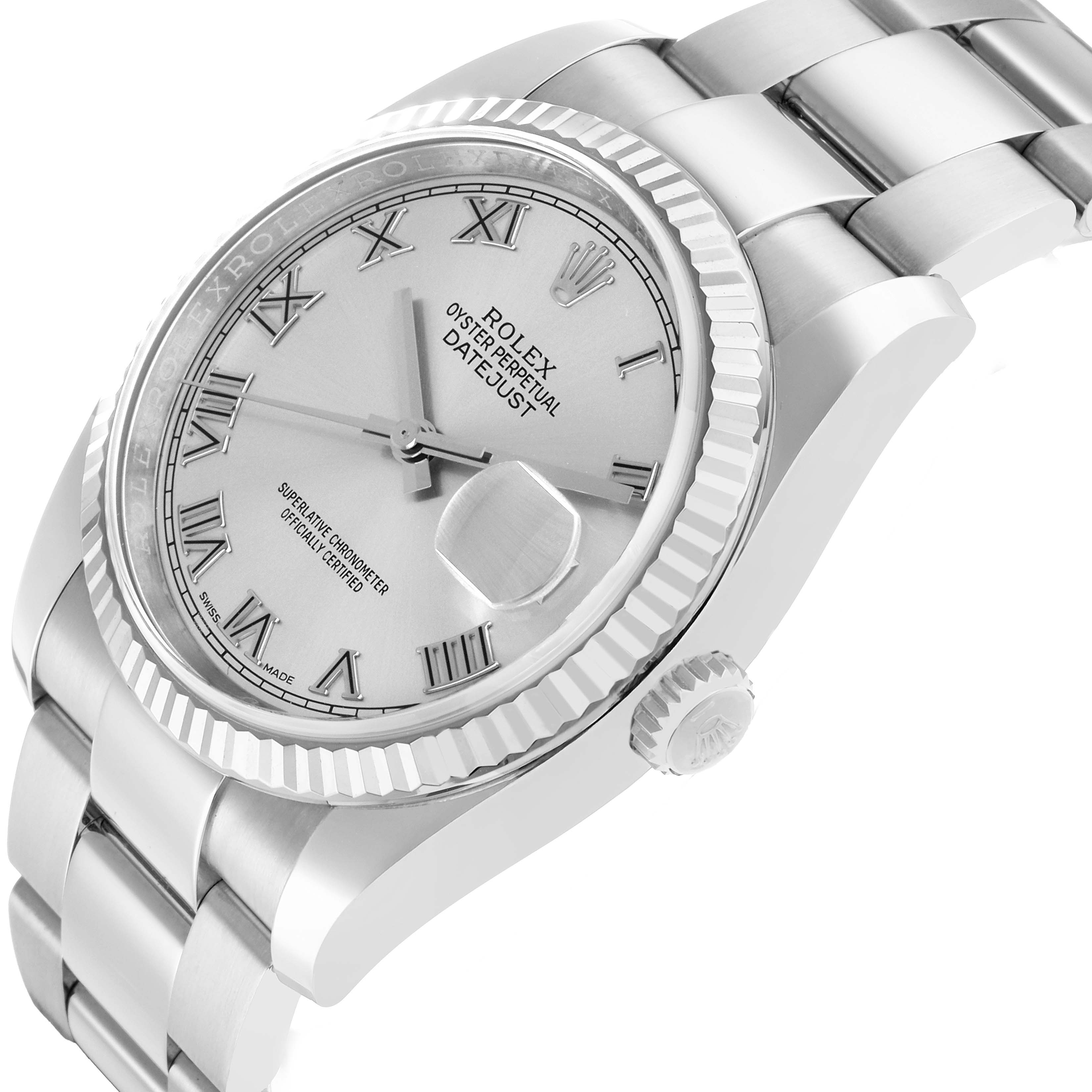 The Rolex Datejust 116234 Men
s Stainless Steel Silver Dial watch is shown from a side angle highlighting the face, dial, bezel, crown, and part of the bracelet.