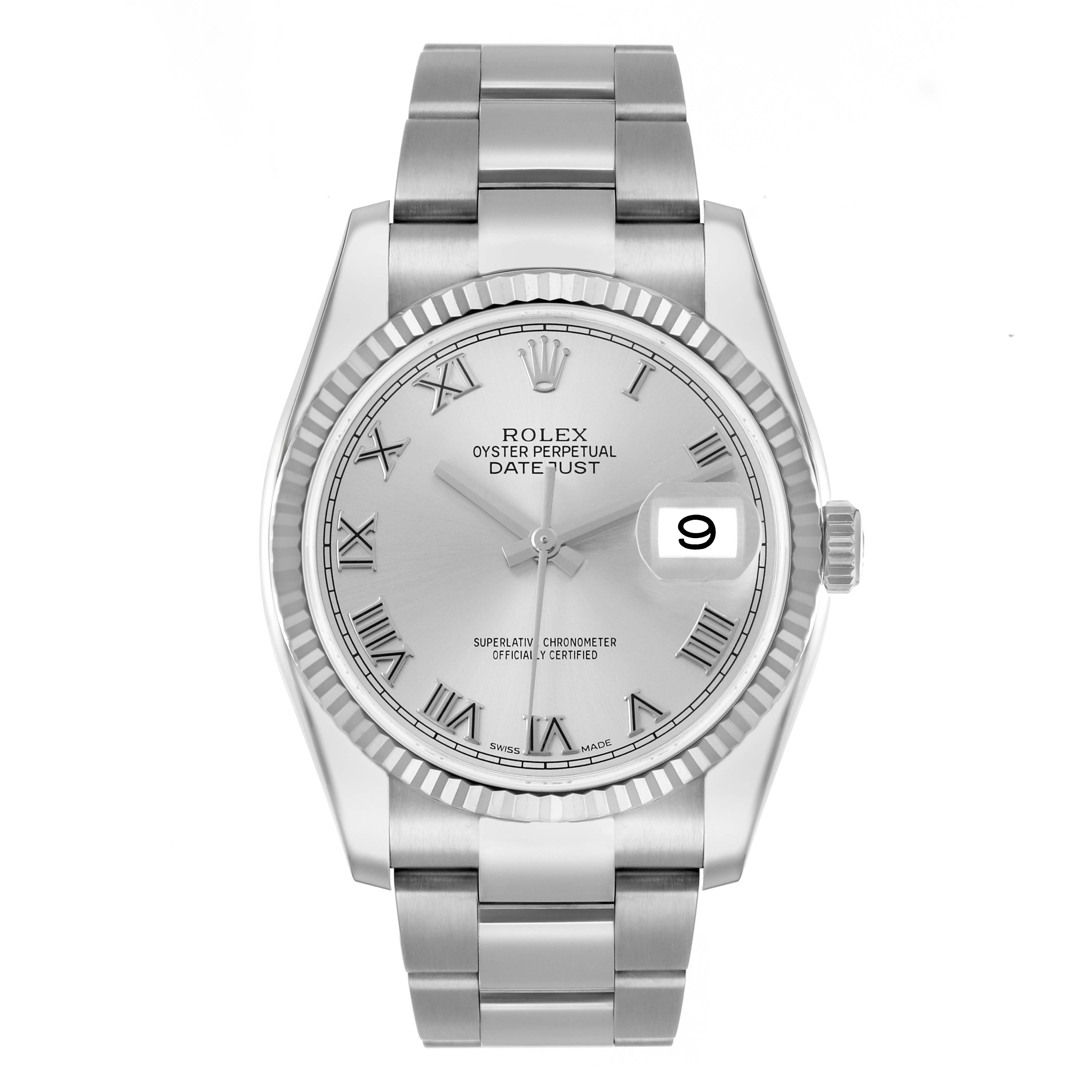 The Rolex Datejust 116234 Men
s Stainless Steel Silver Dial watch is shown from the front, displaying the dial, bezel, bracelet, and crown.