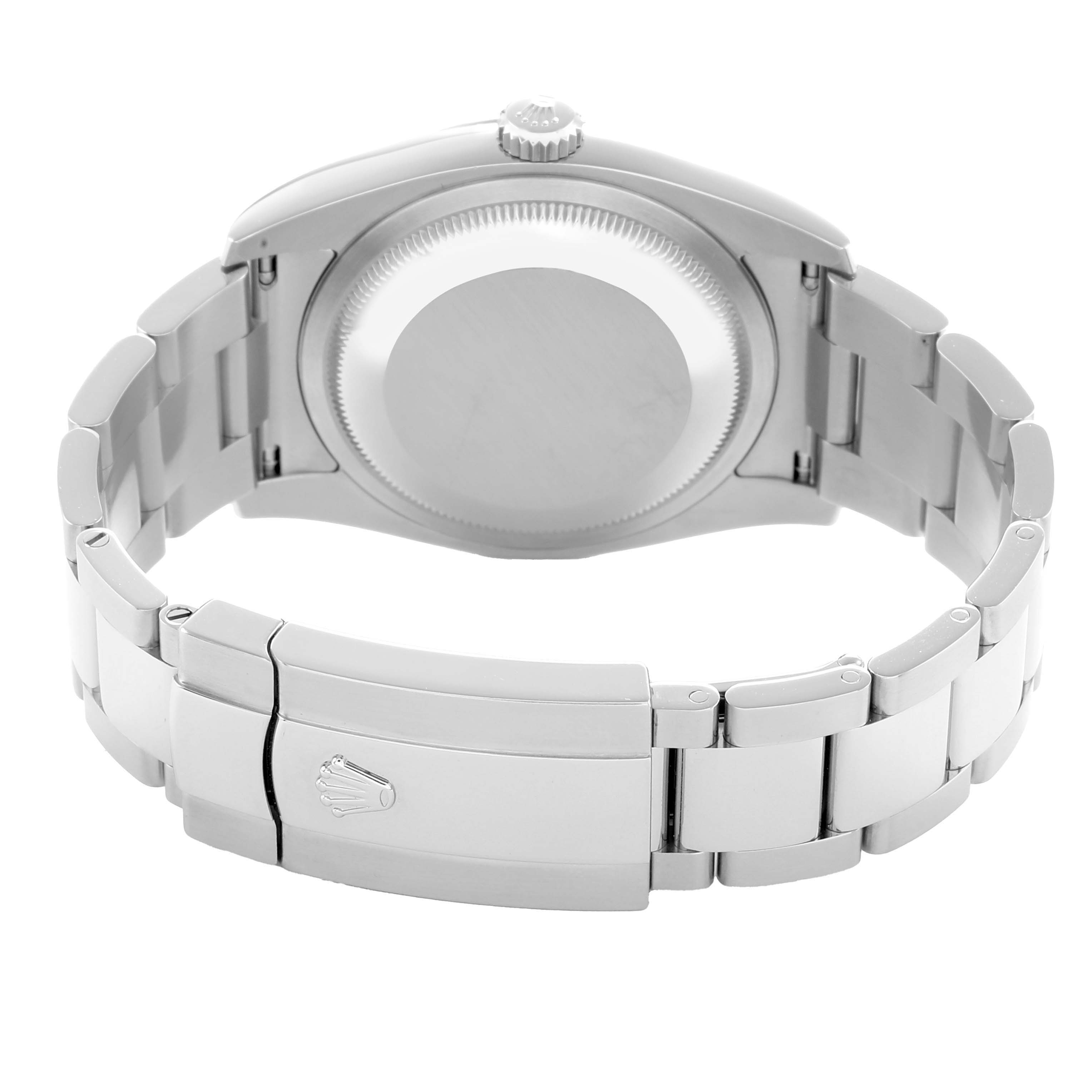 The Rolex Datejust 116234 Men
s Stainless Steel Silver Dial watch is shown from the back, highlighting the bracelet and closed clasp.