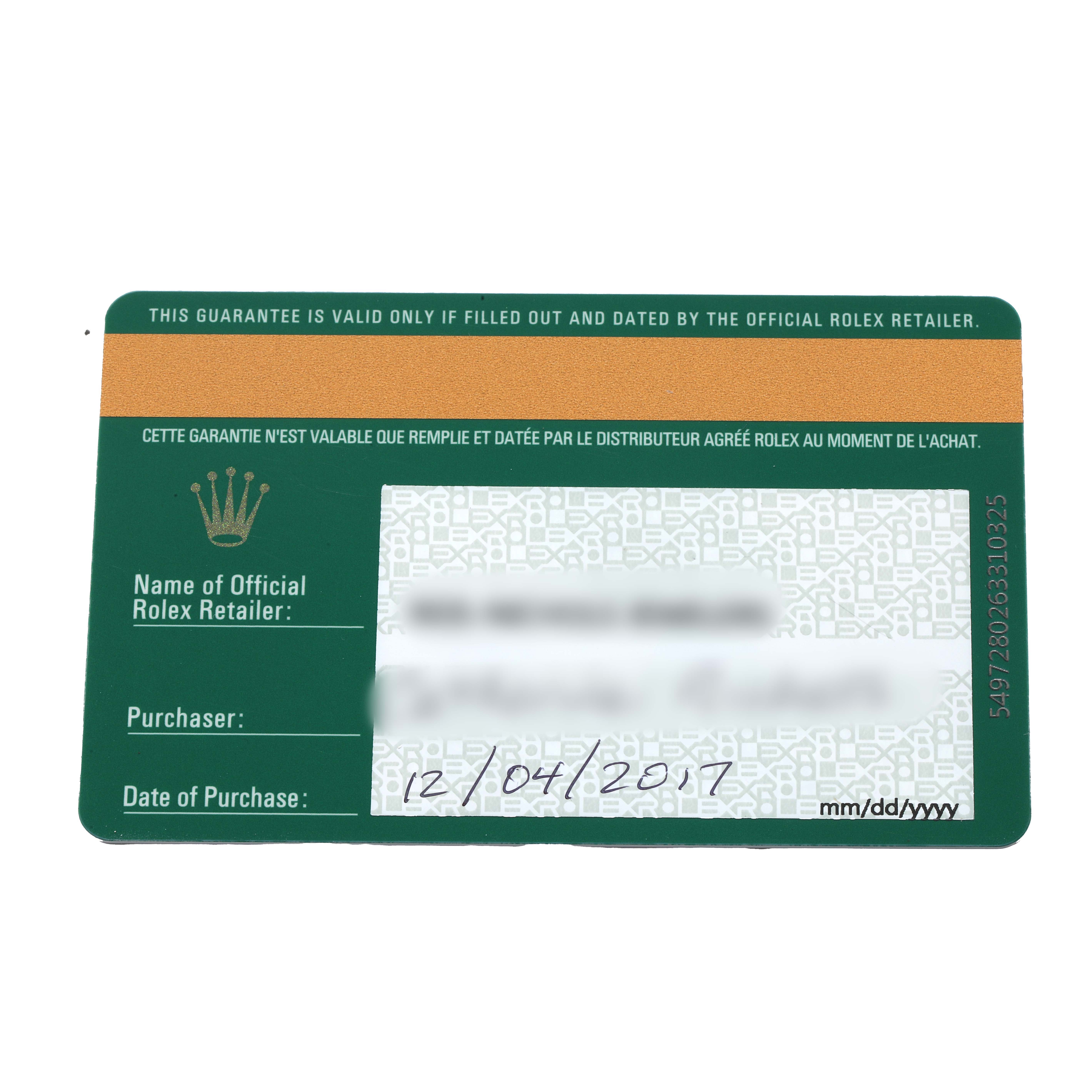 The image shows a guarantee card for a Rolex Datejust 116234 Men
s Stainless Steel Silver Dial, viewed from the front.