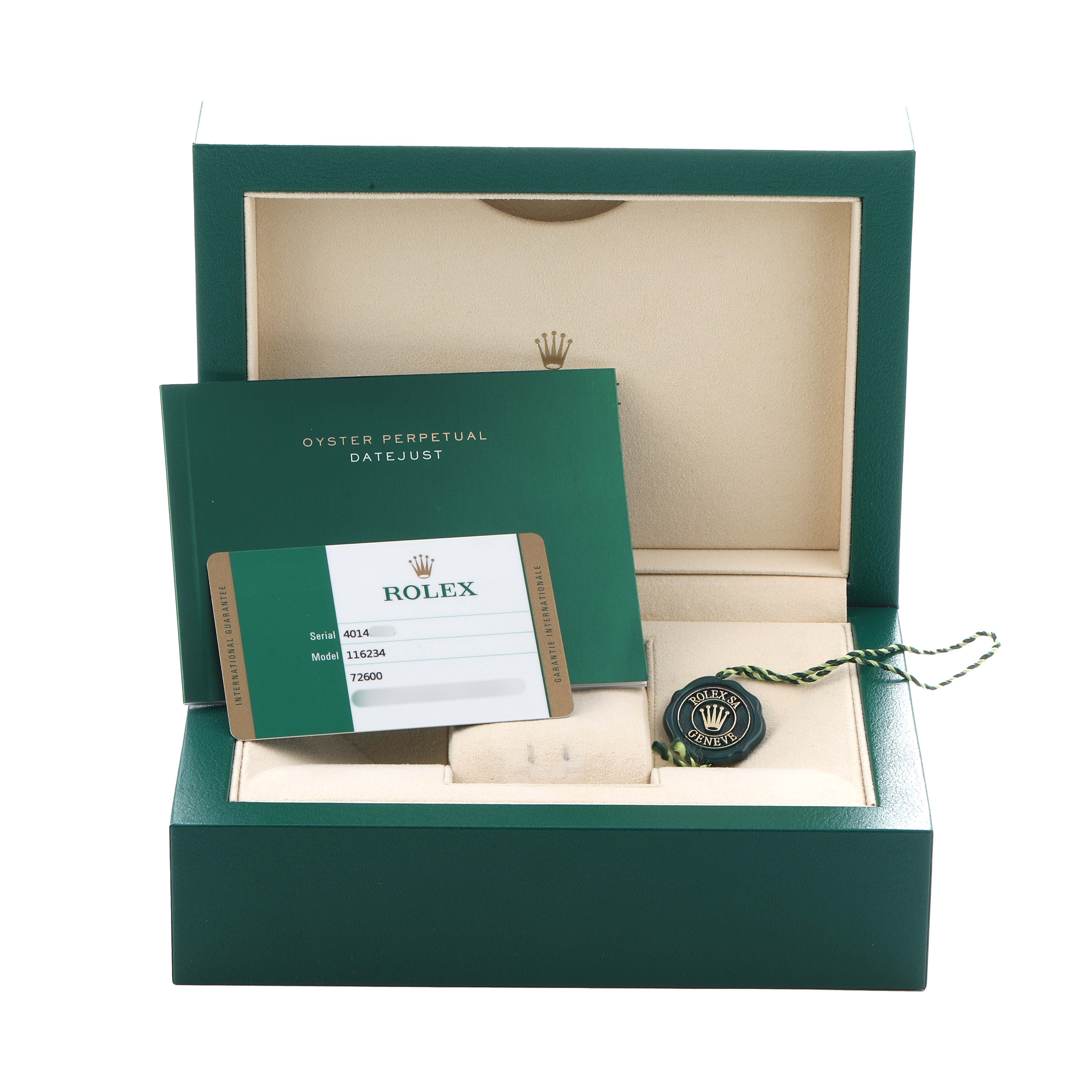 The image shows the open presentation box for a Rolex Datejust 116234 Men
s Stainless Steel Silver Dial, with warranty card, booklet, and tag displayed.
