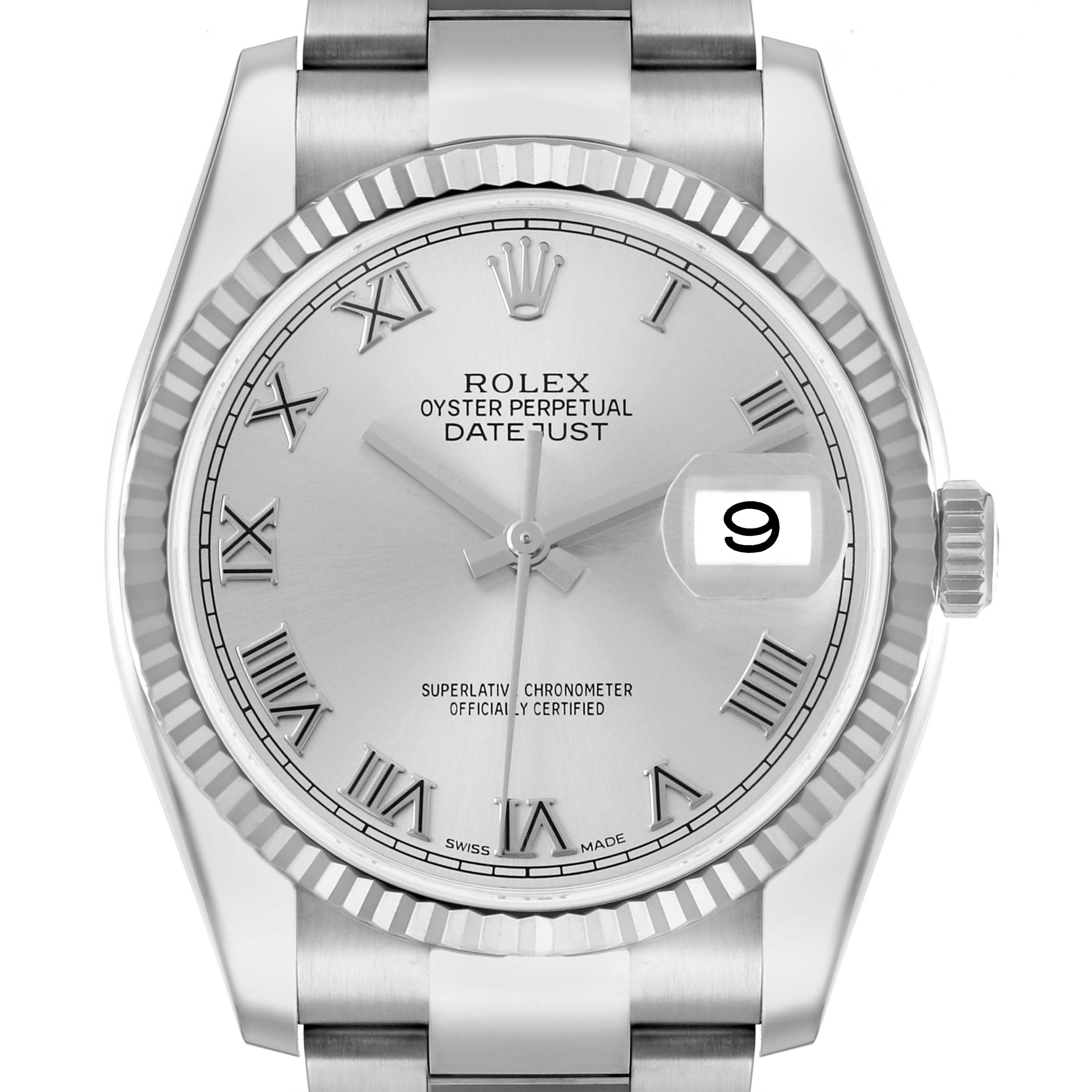 The Rolex Datejust 116234 Men
s Stainless Steel Silver Dial is shown from the front, highlighting the dial, bezel, crown, and date window.