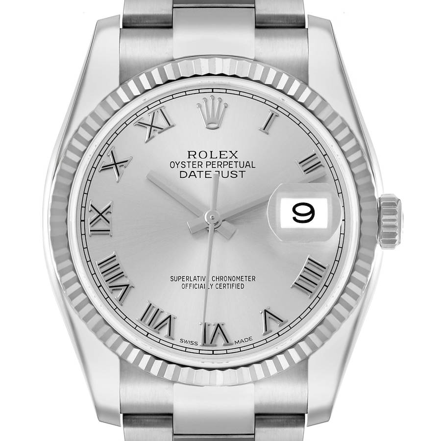 The Rolex Datejust 116234 Men's Stainless Steel Silver Dial is shown from the front, highlighting the dial, bezel, crown, and date window.