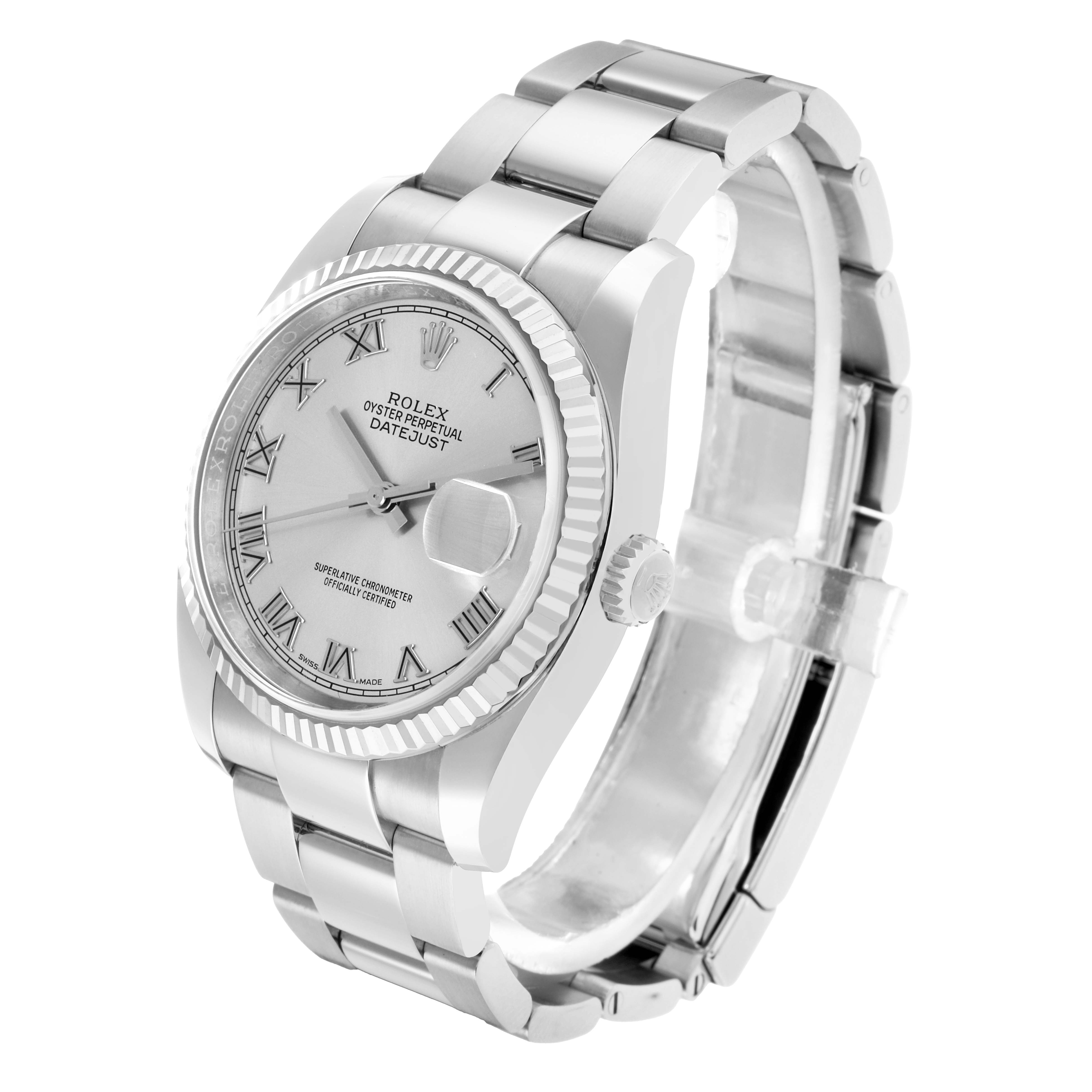 The Rolex Datejust 116234 Men
s Stainless Steel Silver Dial watch is shown at a three-quarter angle, highlighting the dial, bezel, bracelet, and crown.