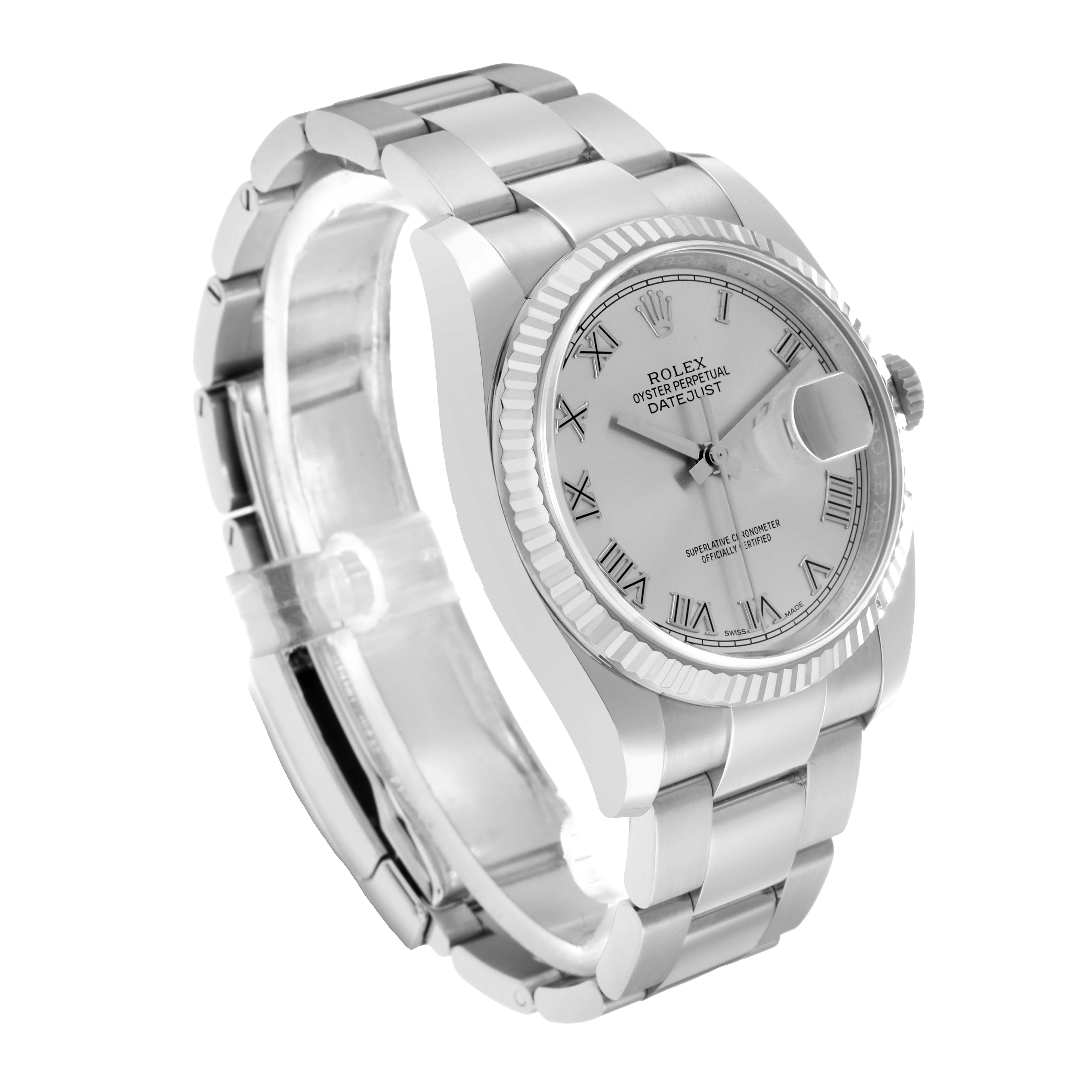 The Rolex Datejust 116234 Men
s Stainless Steel Silver Dial watch is shown at a slight angle, highlighting its face, bezel, crown, and bracelet.