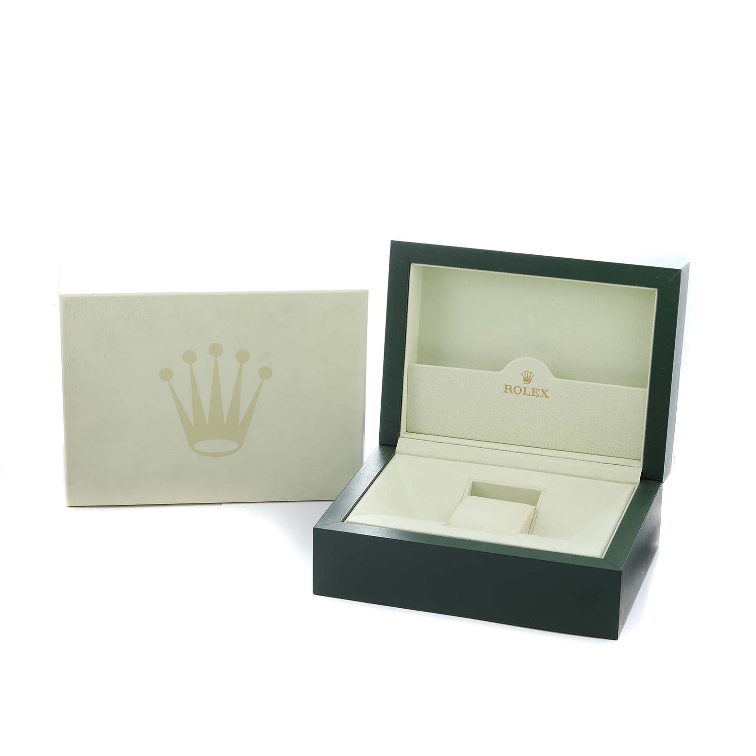 The image displays a Rolex Datejust 116243 Men
s Steel and Gold (two tone) Silver Dial watch box and cover, shown at a slight angle to reveal the interior and logo.