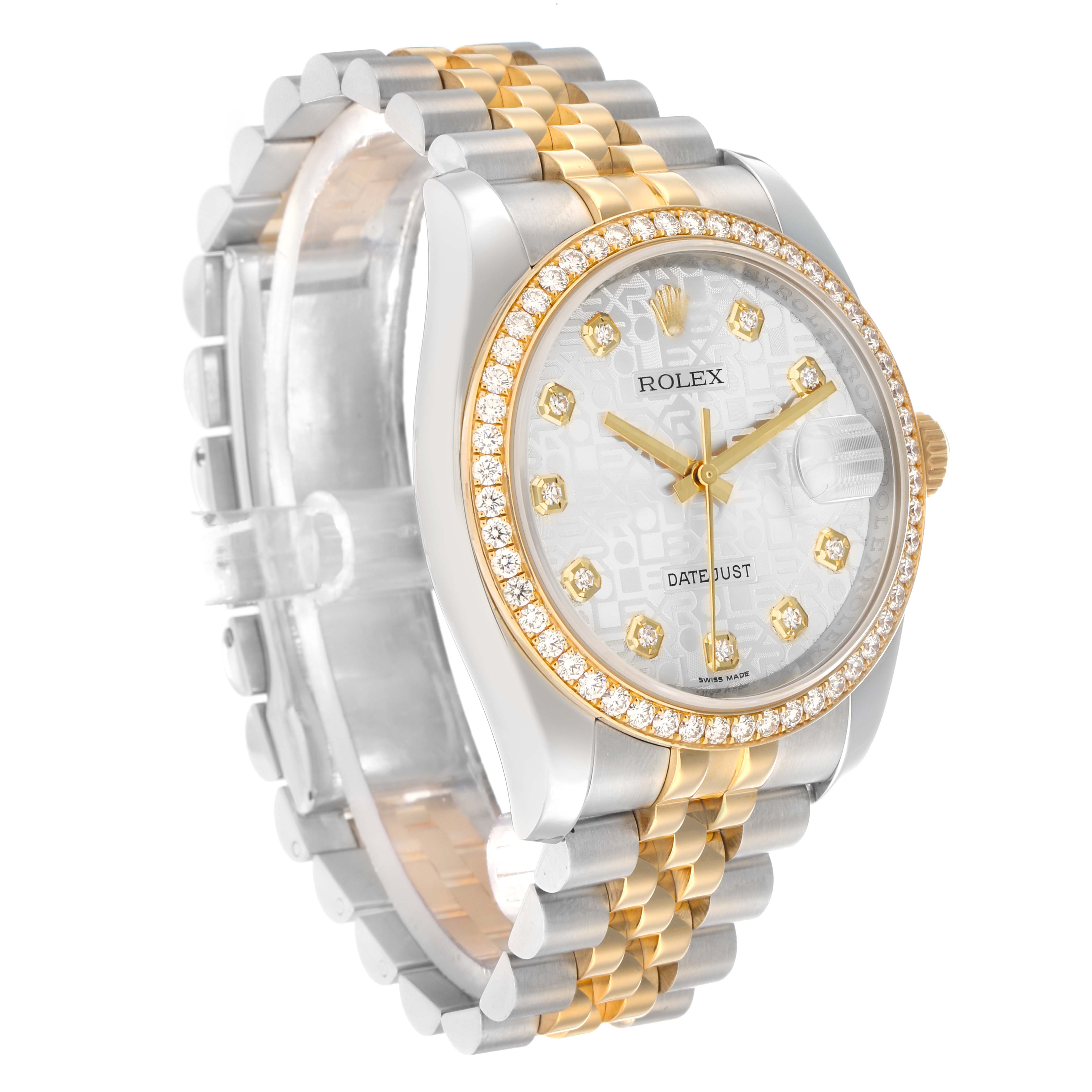 The Rolex Datejust 116243 Men
s Steel and Gold (two tone) Silver Dial watch is shown at a three-quarter angle, highlighting the face, bezel, and part of the bracelet.