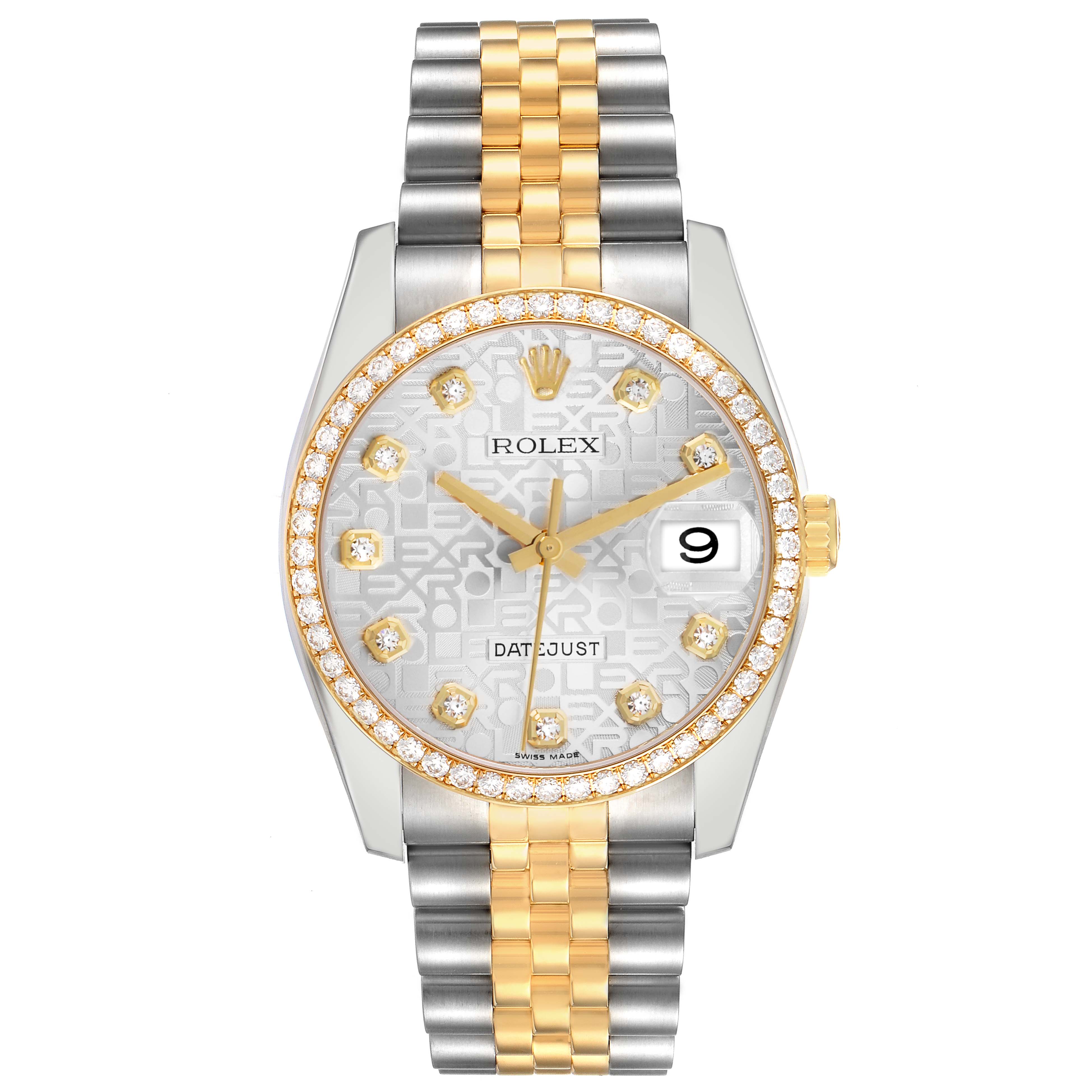 The Rolex Datejust 116243 Men
s Steel and Gold (two tone) Silver Dial watch is shown from a front angle, highlighting the two-tone bracelet, patterned dial, and diamond bezel.