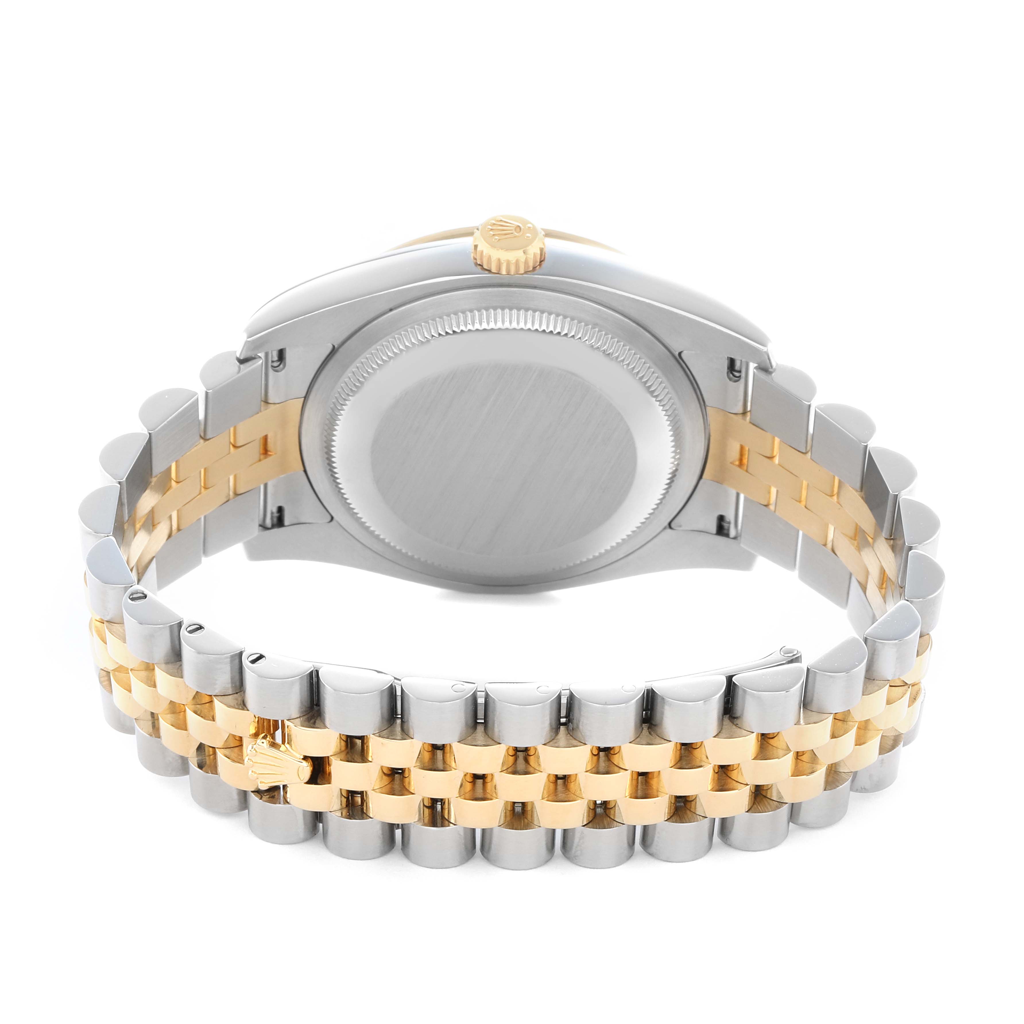 The image shows the back and bracelet of a Rolex Datejust 116243 Men
s Steel and Gold (two tone) Silver Dial watch, highlighting the two-tone metal and the crown logo on the clasp.