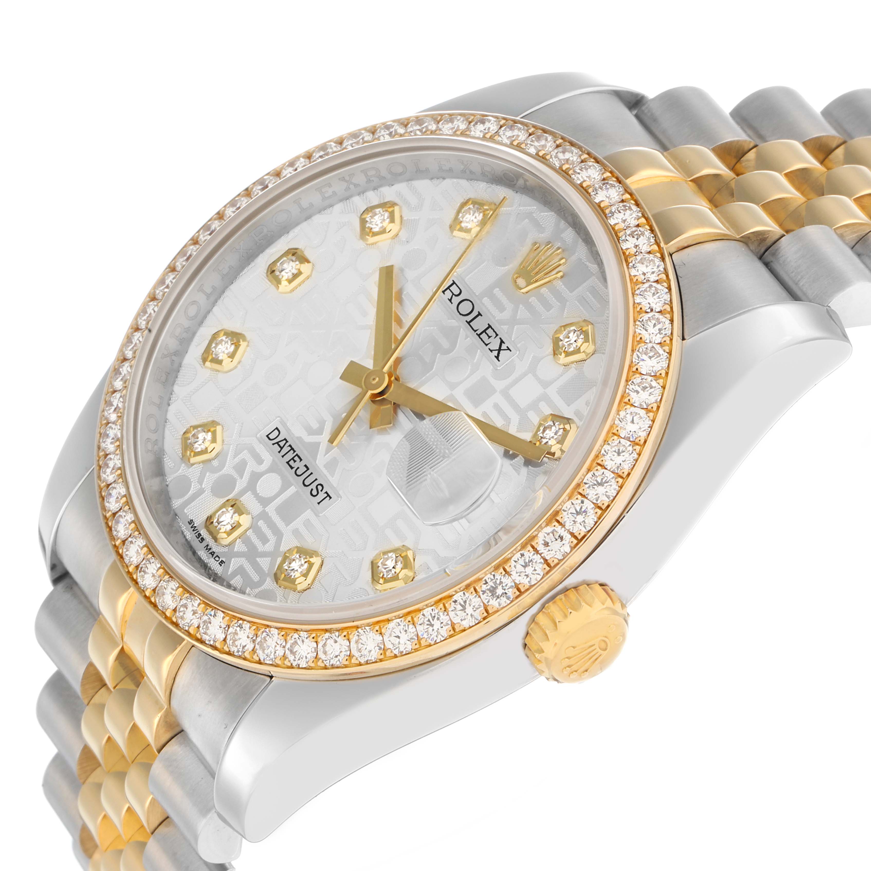 The Rolex Datejust 116243 Men
s Steel and Gold (two tone) Silver Dial watch is shown at an angled view, highlighting its dial, diamond-set bezel, two-tone bracelet, and crown.