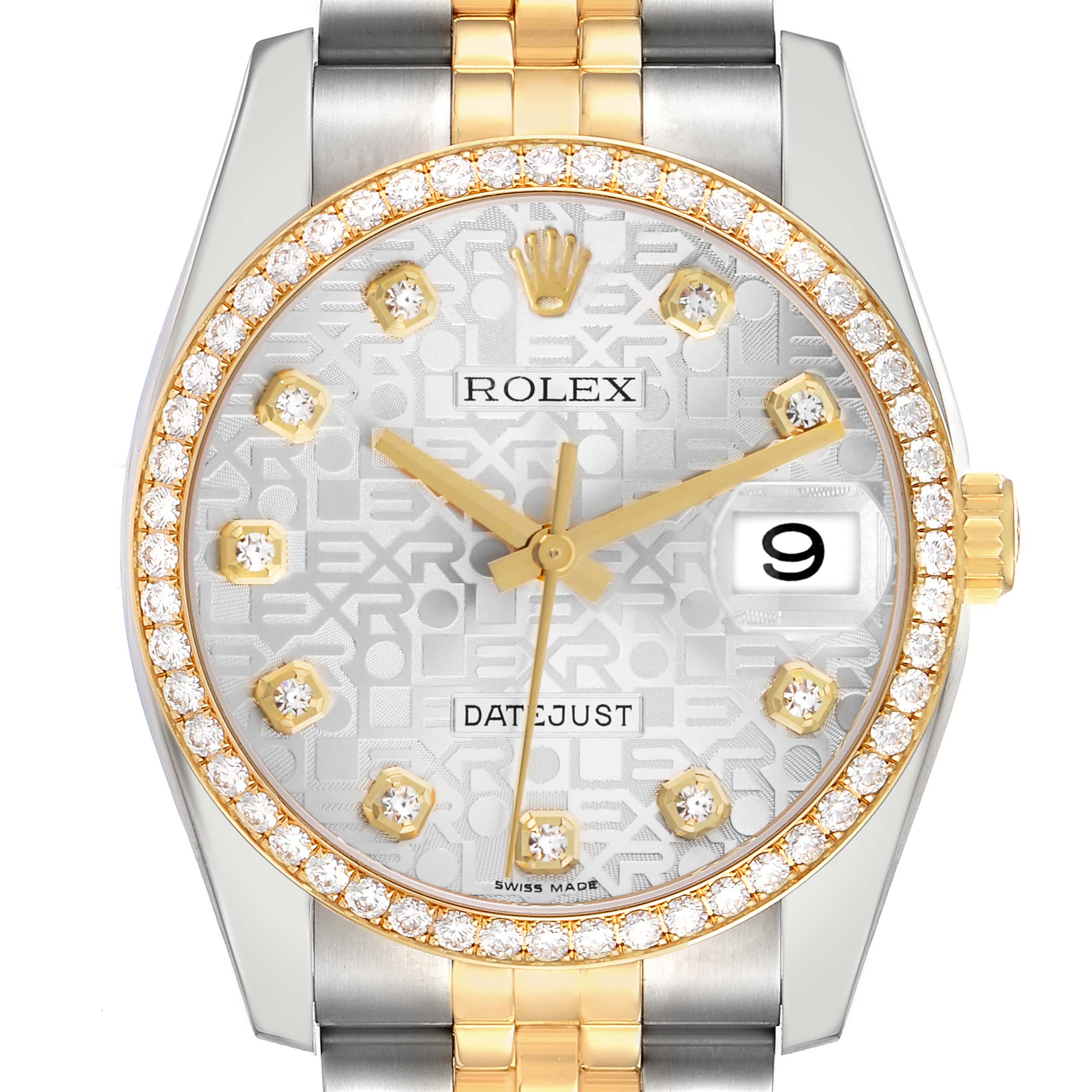 The Rolex Datejust 116243 Men
s Steel and Gold (two tone) Silver Dial watch is shown from the front, displaying the dial, bezel, crown, and part of the bracelet.