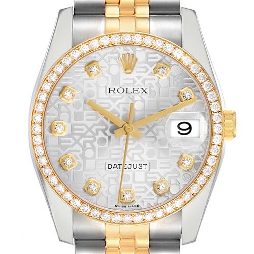 The Rolex Datejust 116243 Men's Steel and Gold (two tone) Silver Dial watch is shown from the front, highlighting the dial, bezel, and bracelet.