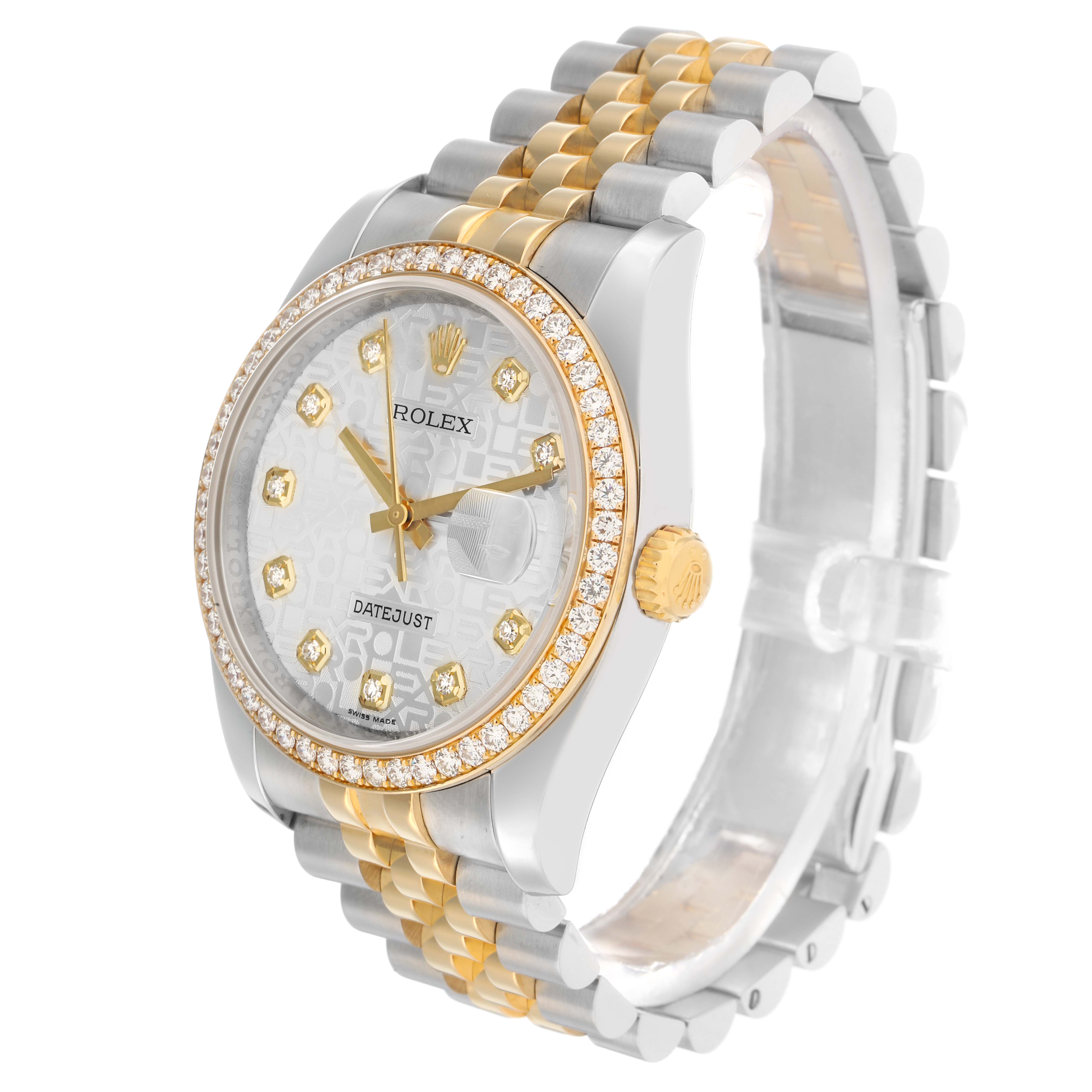 The Rolex Datejust 116243 Men
s Steel and Gold (two tone) Silver Dial watch is shown at a three-quarter angle, highlighting its bezel, dial, crown, and two-tone bracelet.