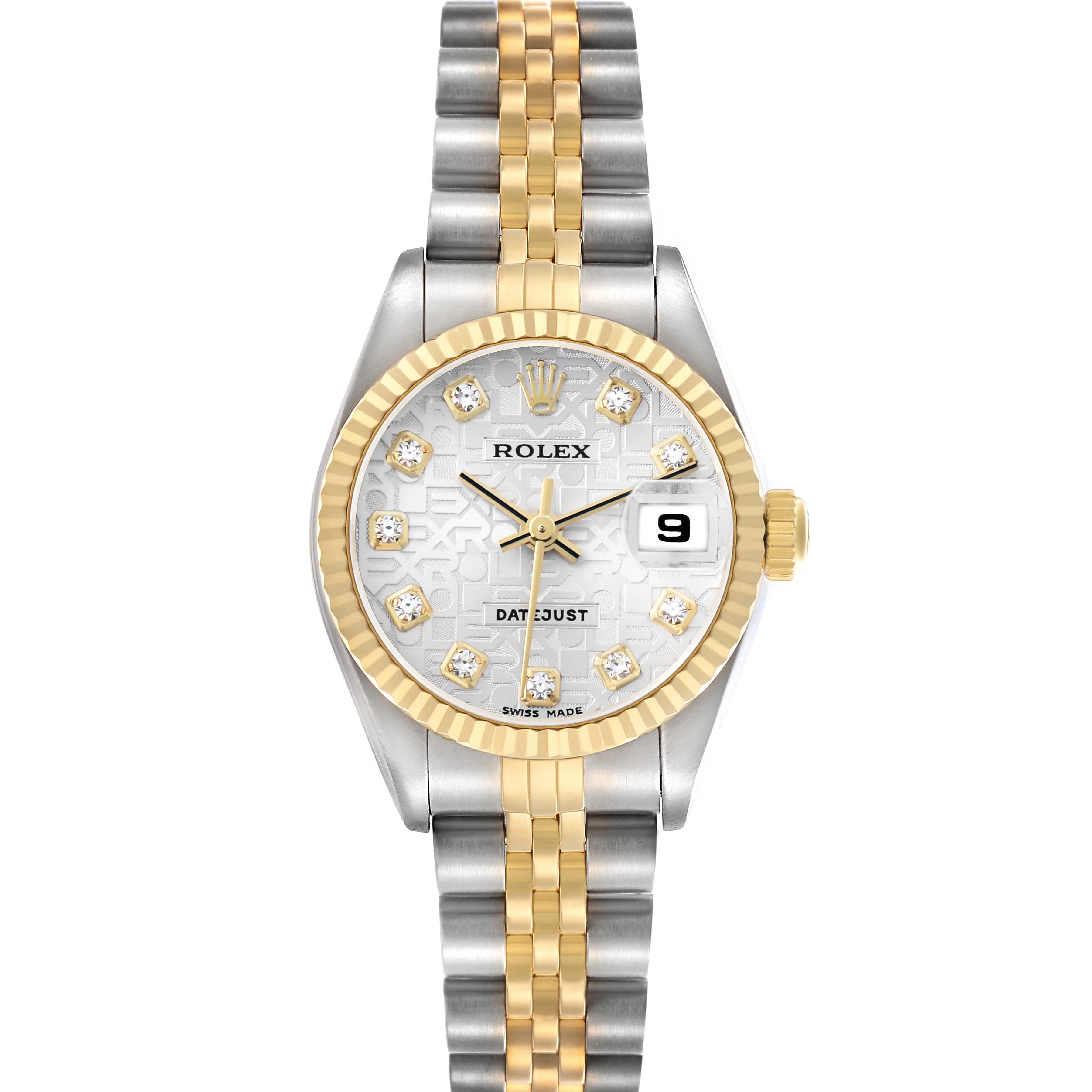 The Rolex Datejust 79173 Women
s Steel and Gold (two tone) Champagne Dial watch is shown from a top view, highlighting the dial, bezel, case, and bracelet.