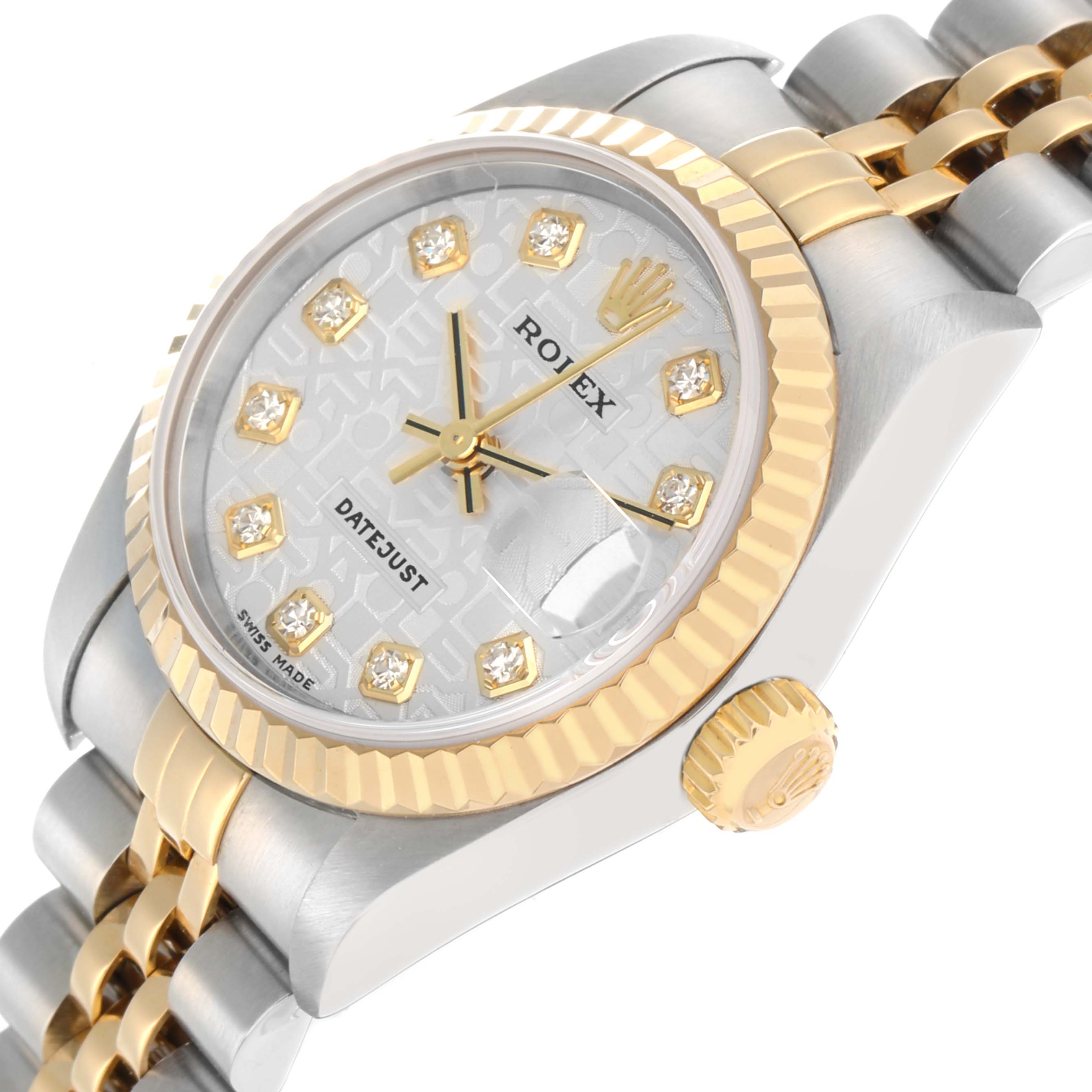 The Rolex Datejust 79173 Women
s Steel and Gold (two tone) Champagne Dial watch is shown at an angle highlighting the face, bezel, crown, and part of the bracelet.