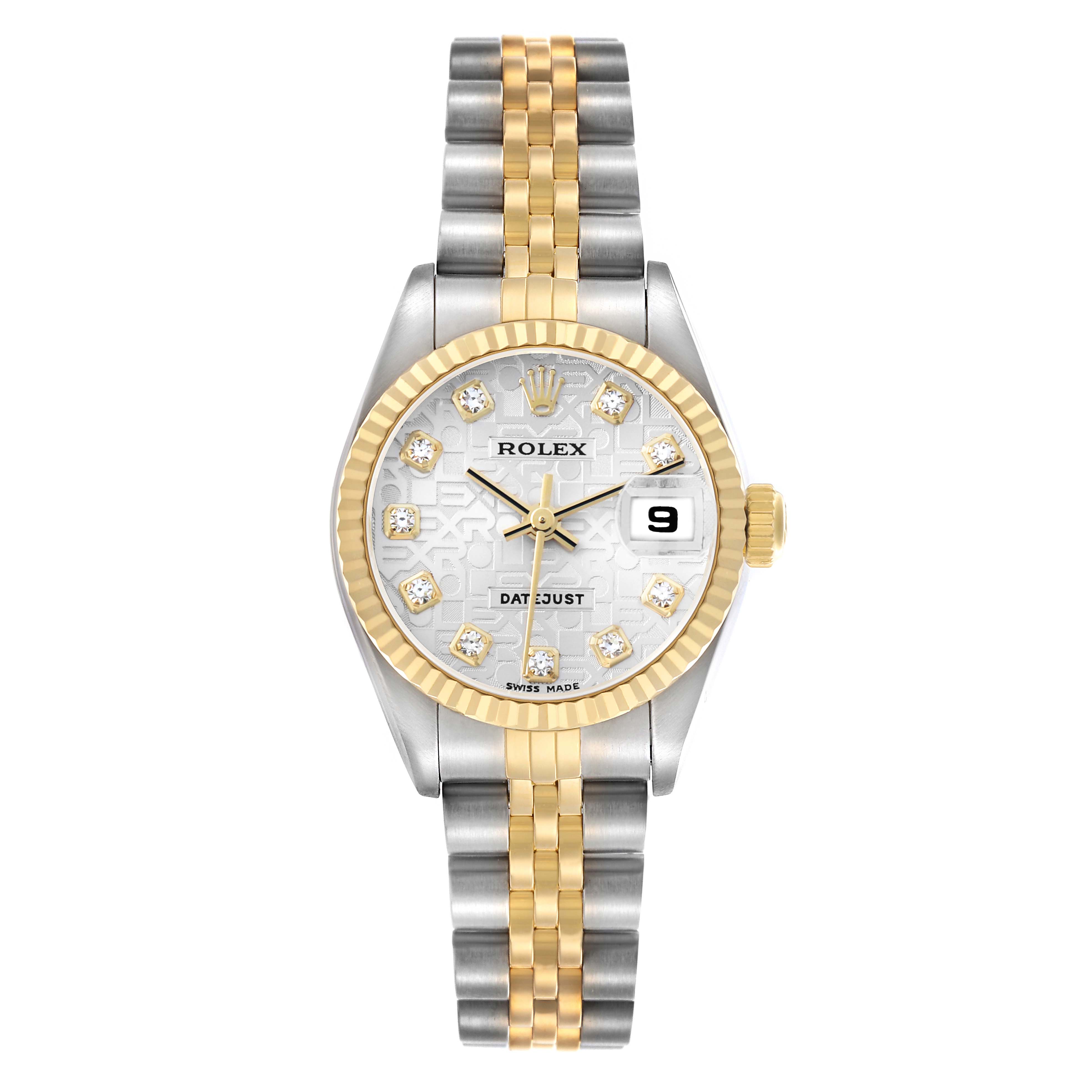 The Rolex Datejust 79173 Women
s Steel and Gold (two tone) Champagne Dial watch is shown from a front angle, highlighting its face, bezel, and two-tone bracelet.