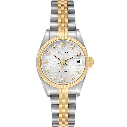 The Rolex Datejust 79173 Women's Steel and Gold (two tone) Champagne Dial watch is shown from the front, highlighting its dial, bezel, and two-tone bracelet.