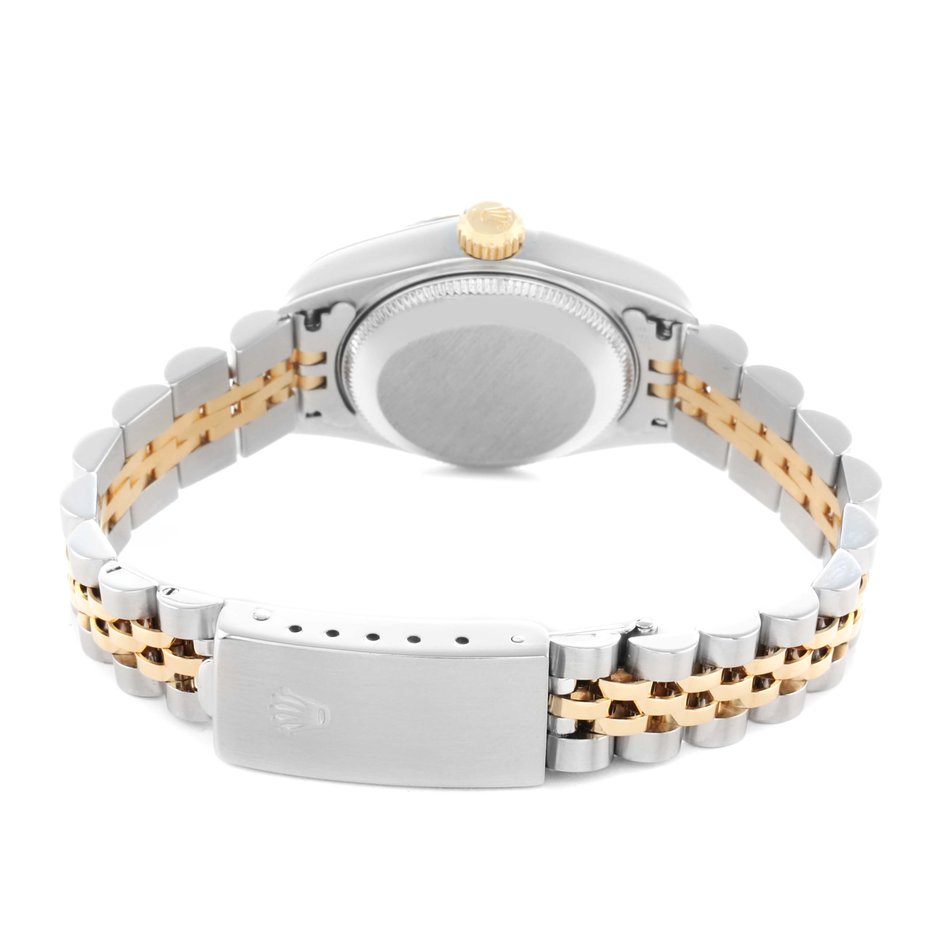 The image shows the back of a Rolex Datejust 79173 Women
s Steel and Gold (two tone) Champagne Dial watch, highlighting the case back, crown, and two-tone Jubilee bracelet.
