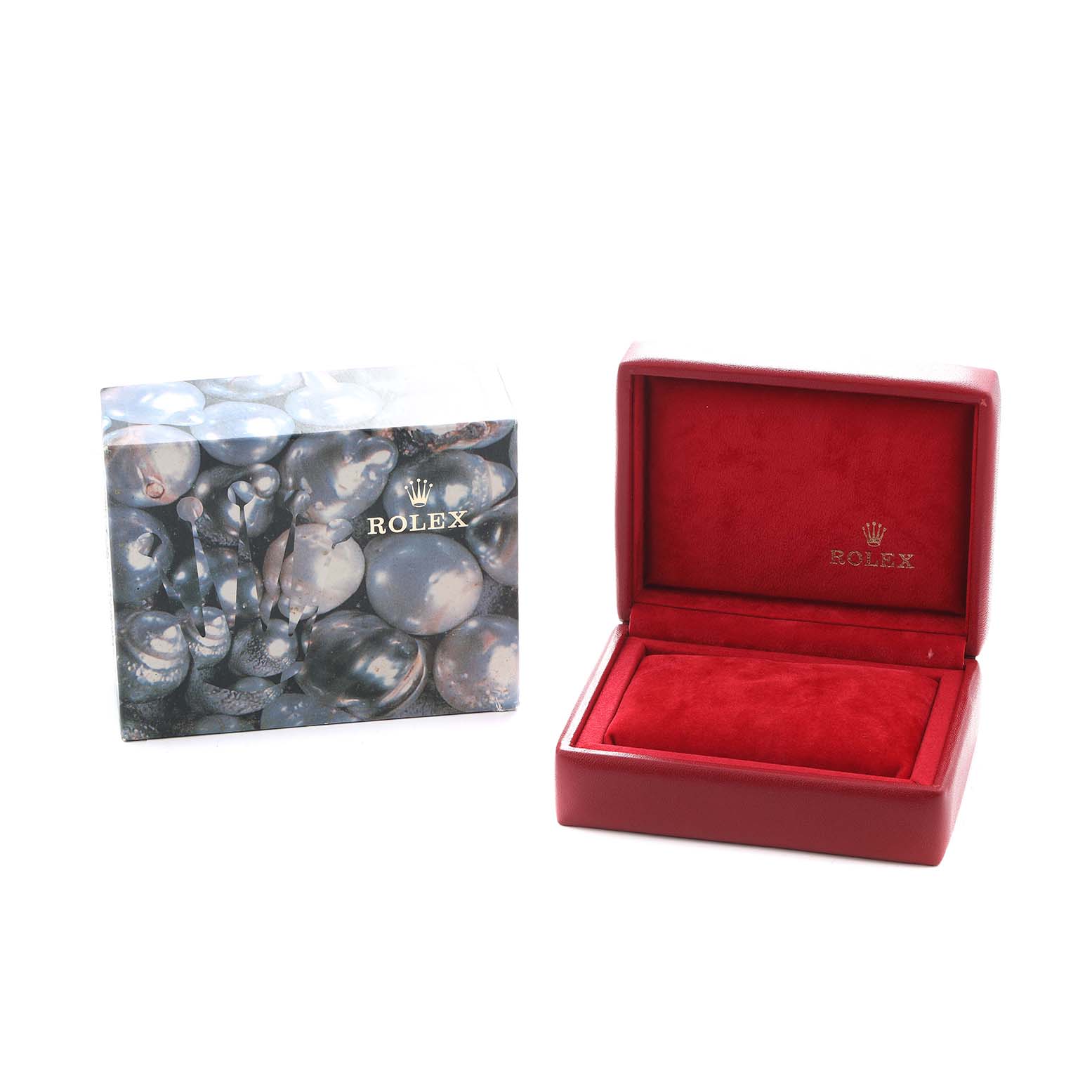 The image shows a Rolex Datejust 79173 Women
s Steel and Gold (two tone) Champagne Dial model watch box, with an open red velvet interior and an outer patterned box.