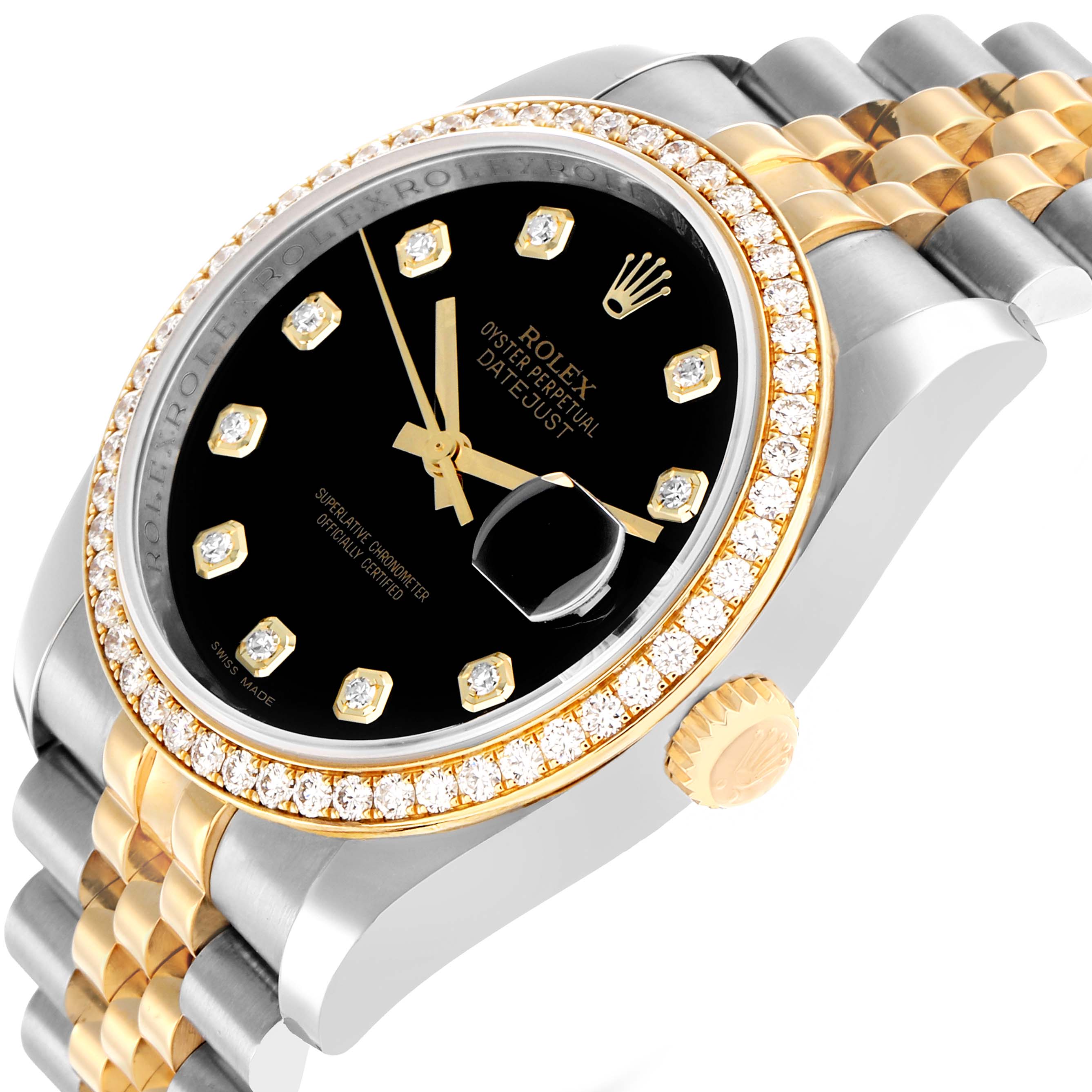 The Rolex Datejust 116243 Men
s Steel and Gold (two tone) Black Dial watch is shown at a slight angle, highlighting its bezel, dial, crown, and part of the bracelet.