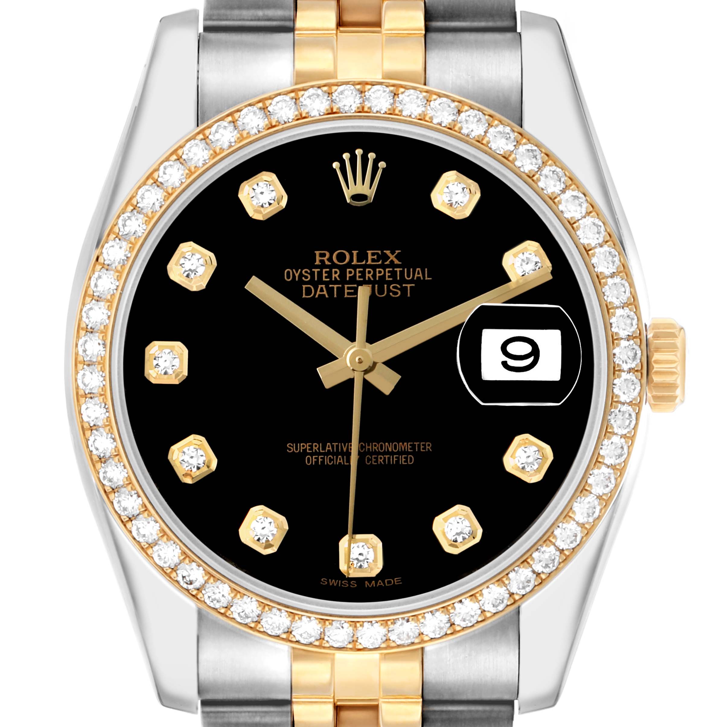 The Rolex Datejust 116243 Men
s Steel and Gold (two tone) Black Dial watch is shown from a front angle, highlighting the diamond bezel, bracelet, black dial, and date feature.