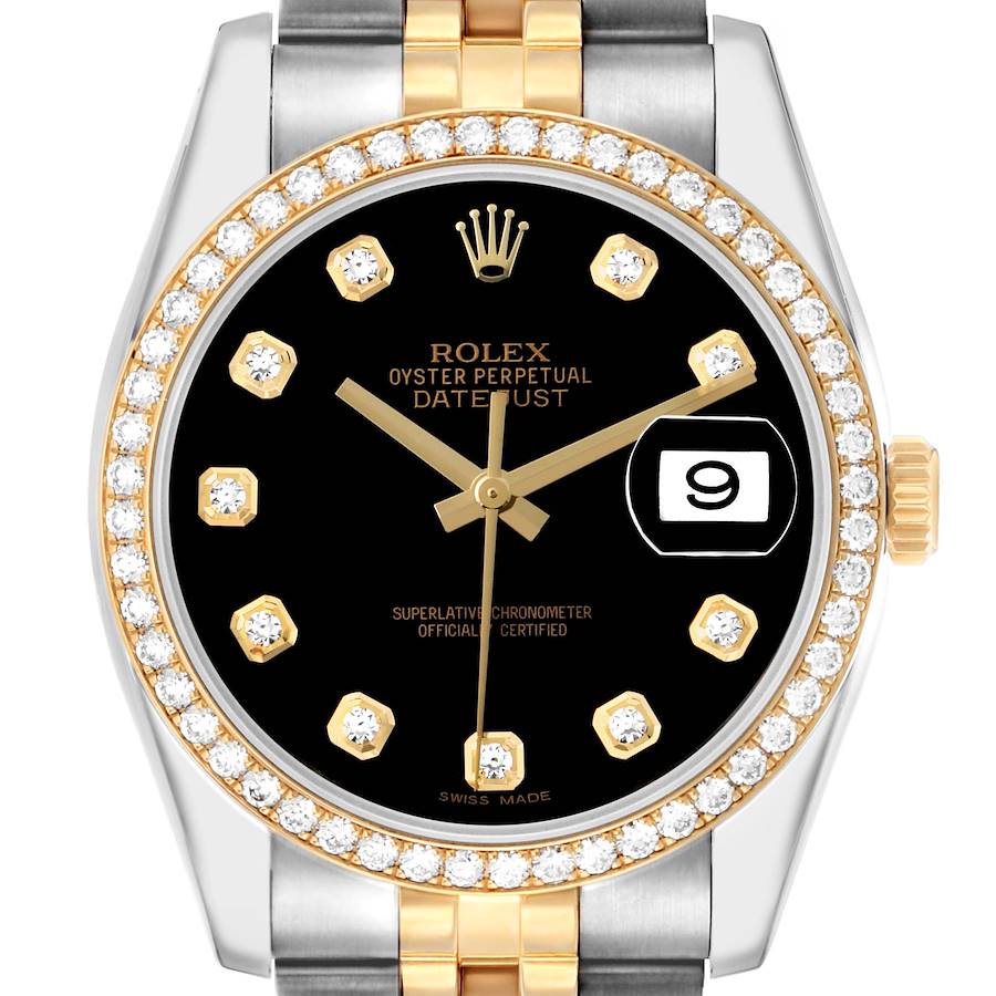 The Rolex Datejust 116243 Men's Steel and Gold (two tone) Black Dial watch is shown from a front angle, highlighting the diamond bezel, bracelet, black dial, and date feature.
