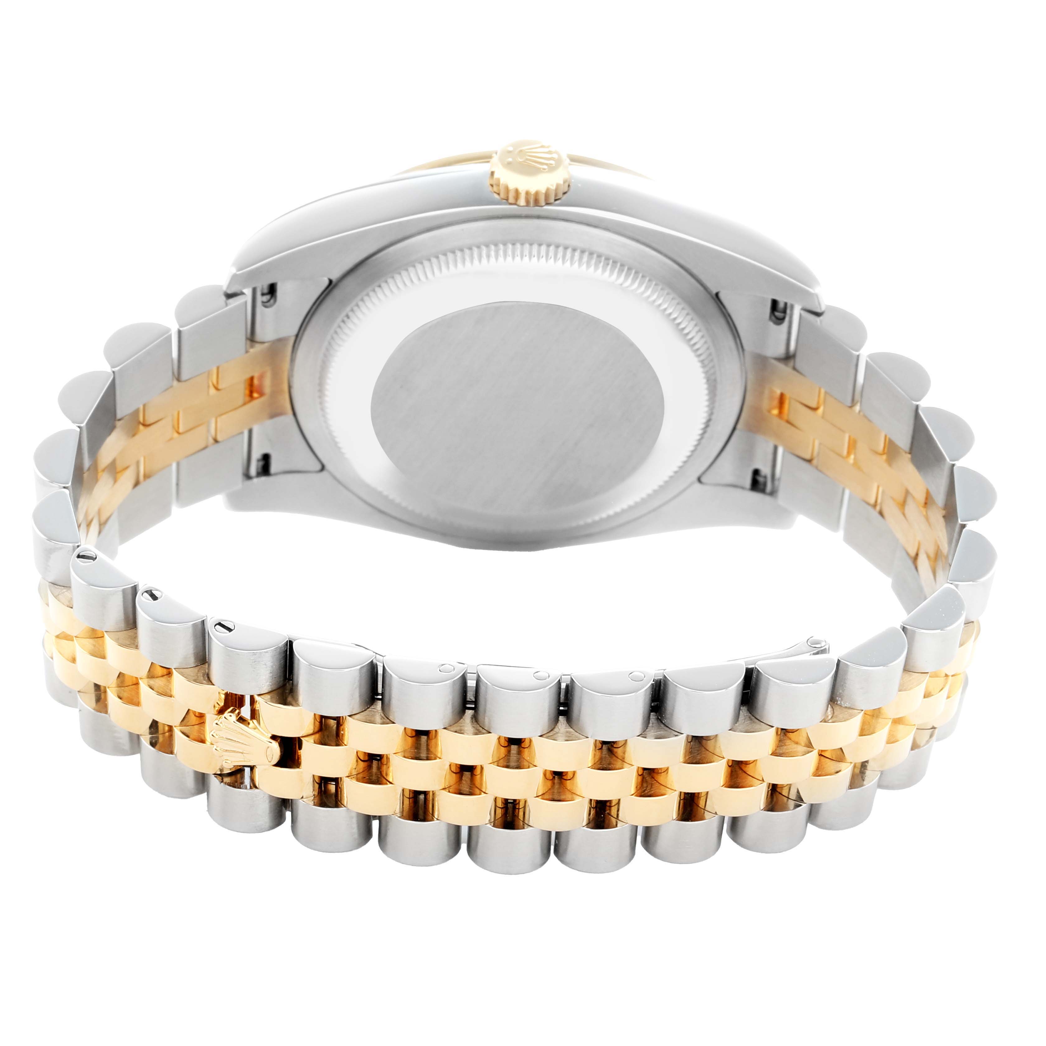 The image shows the back case and two-tone bracelet of a Rolex Datejust 116243 Men
s Steel and Gold (two tone) Black Dial watch from a rear angle.