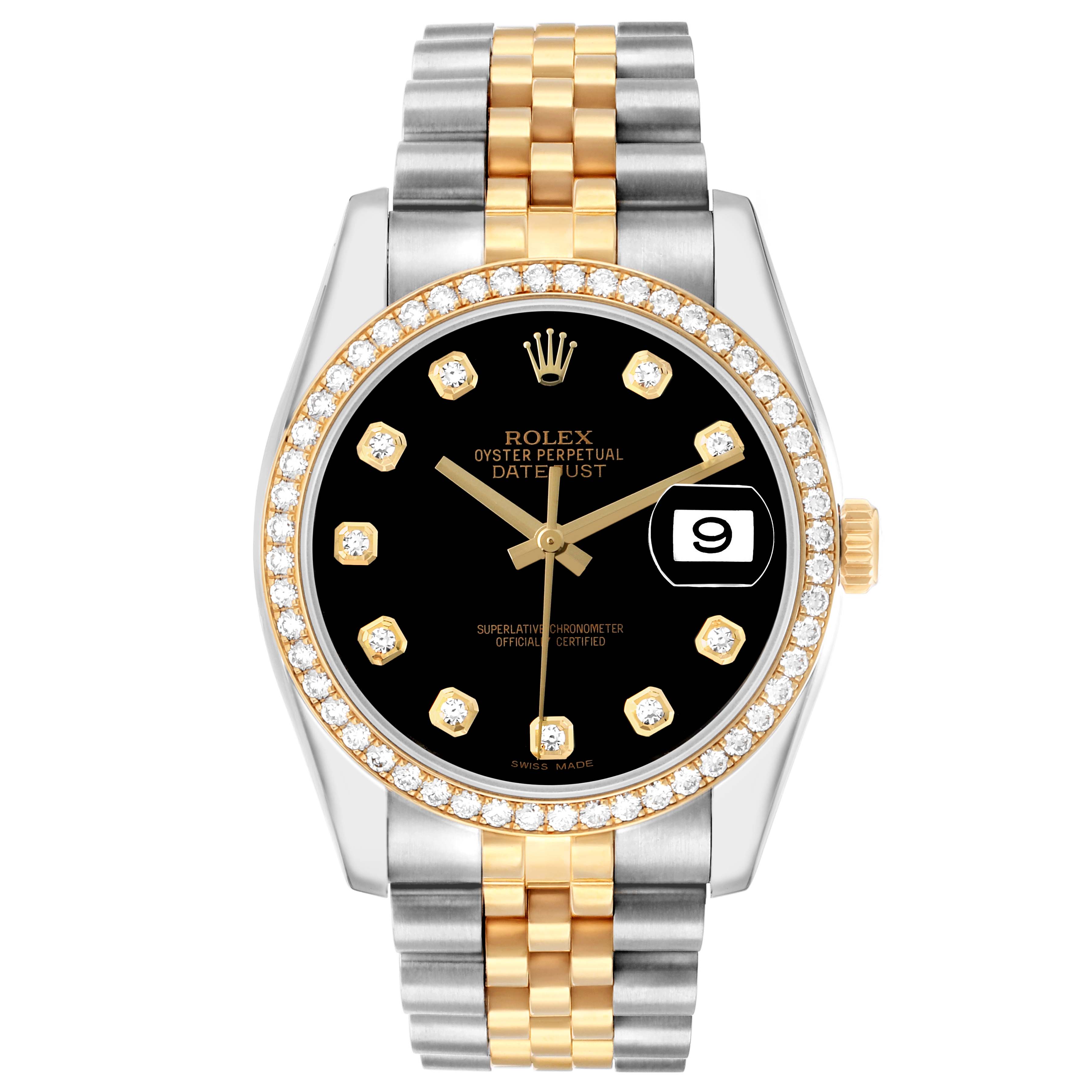 The Rolex Datejust 116243 Men
s Steel and Gold (two tone) Black Dial watch is shown from the front, featuring the dial, bezel, and bracelet.
