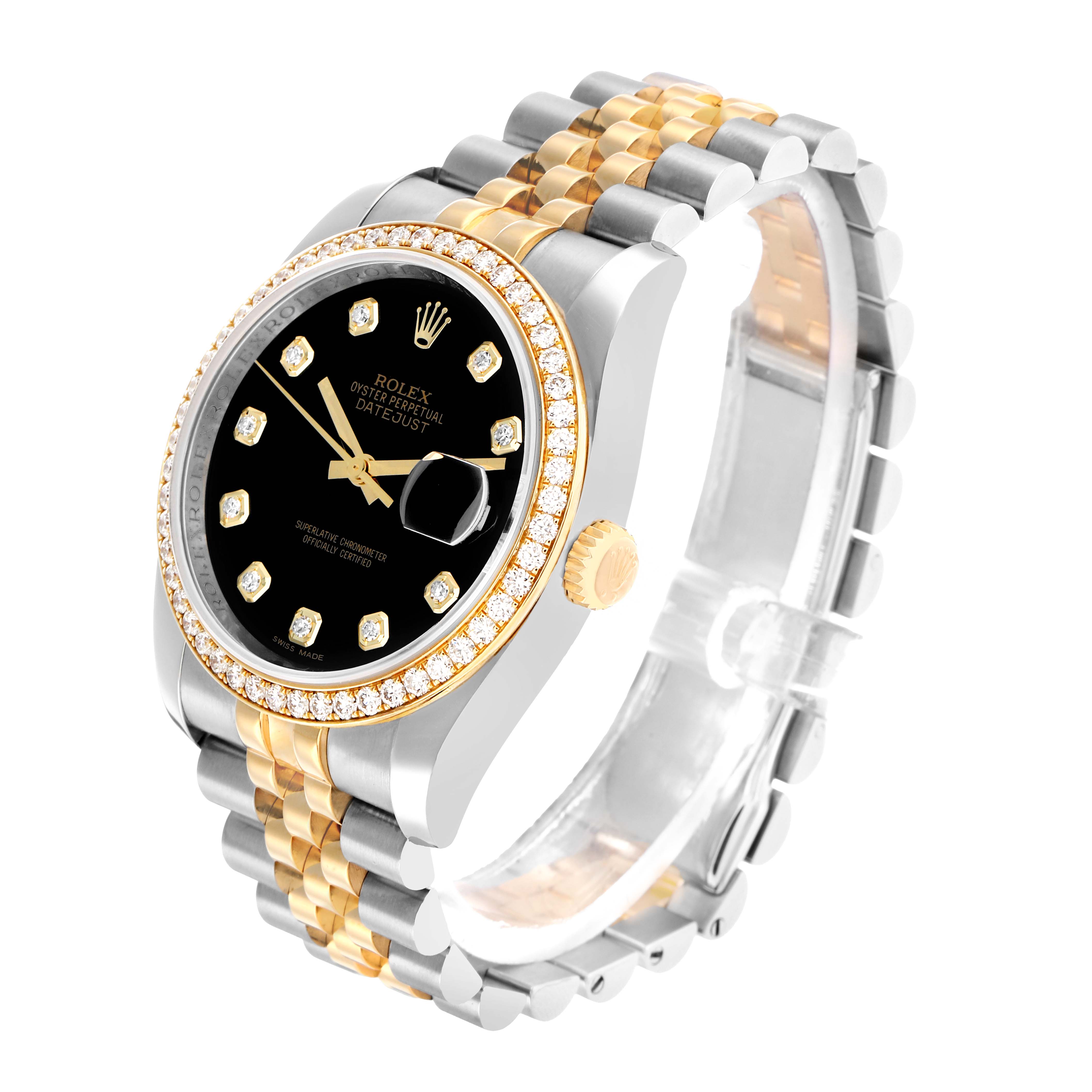 The Rolex Datejust 116243 Men
s Steel and Gold (two tone) Black Dial watch is shown from a three-quarter angle, highlighting the dial, bezel, and two-tone bracelet.