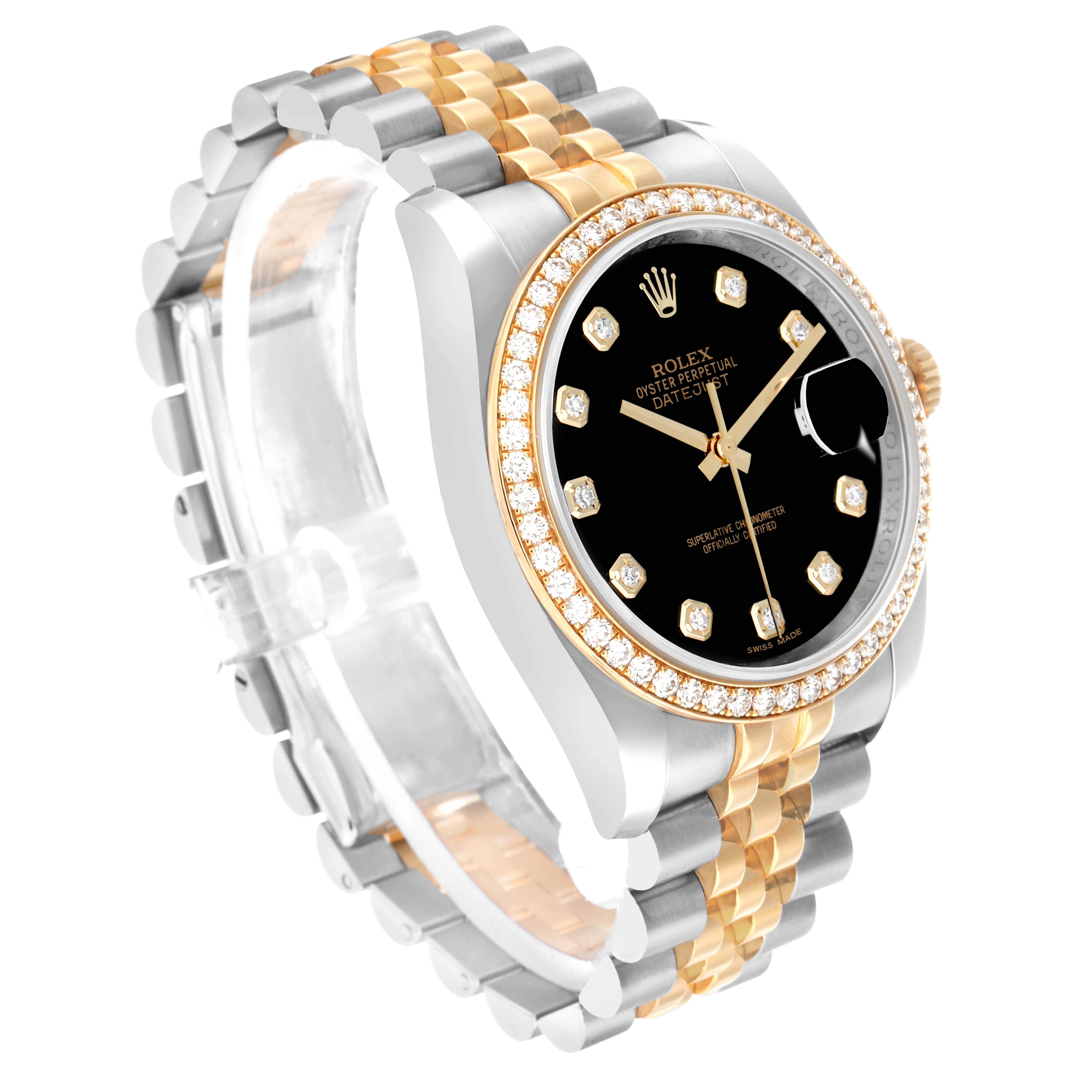 The Rolex Datejust 116243 Men
s Steel and Gold (two tone) Black Dial is shown at a three-quarter angle, displaying the diamond bezel, black dial, and two-tone Jubilee bracelet.