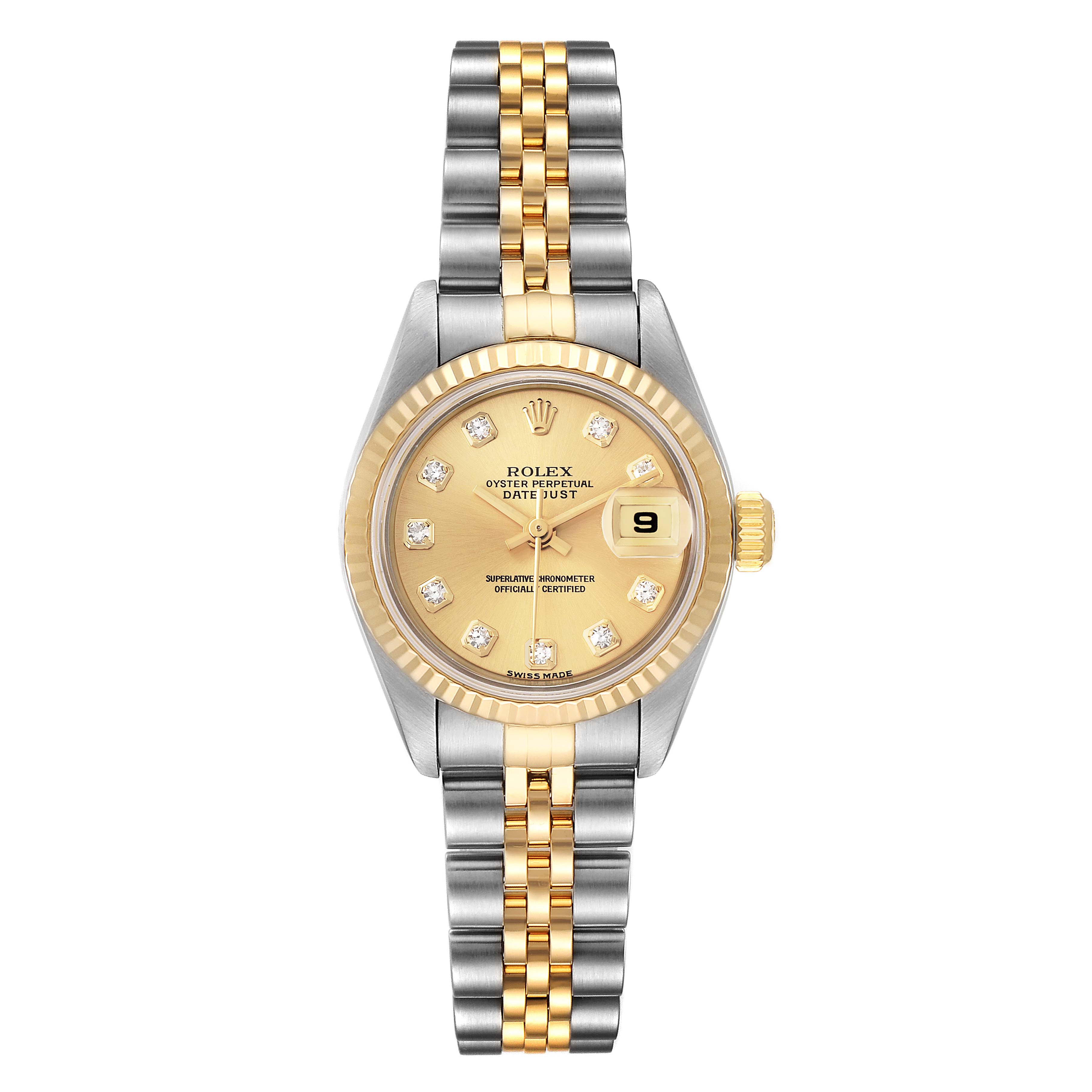 This Rolex Datejust 79173 Women's Steel and Gold (two tone) Champagne Dial 79173 Women's Steel and Gold (two tone) Champagne Dial watch is shown from a top-down angle, displaying its two-tone bracelet, gold dial, and date window.