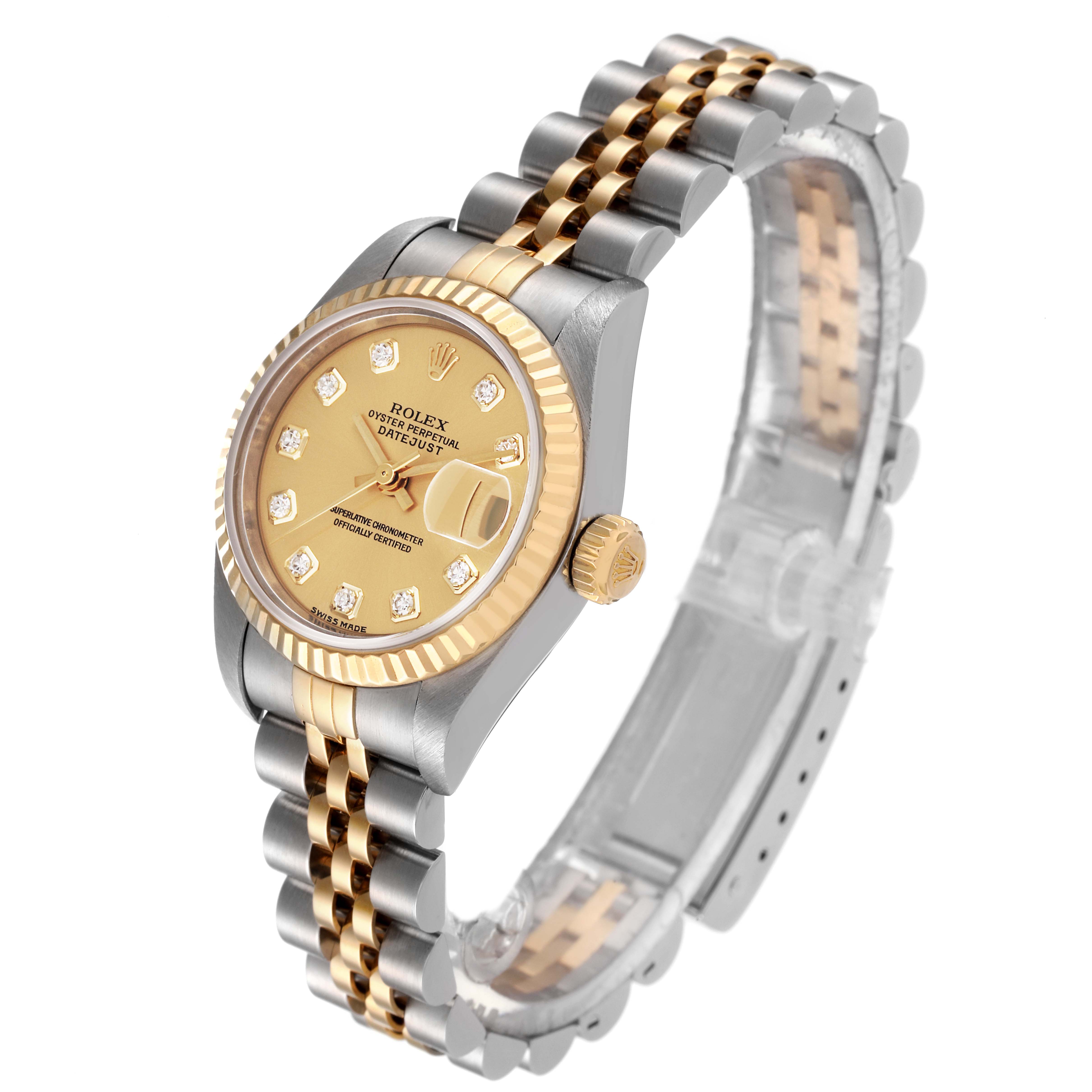The image shows a Rolex Datejust 79173 Women's Steel and Gold (two tone) Champagne Dial 79173 Women's Steel and Gold (two tone) Champagne Dial watch from an angled top view, highlighting the dial, case, crown, and jubilee bracelet.
