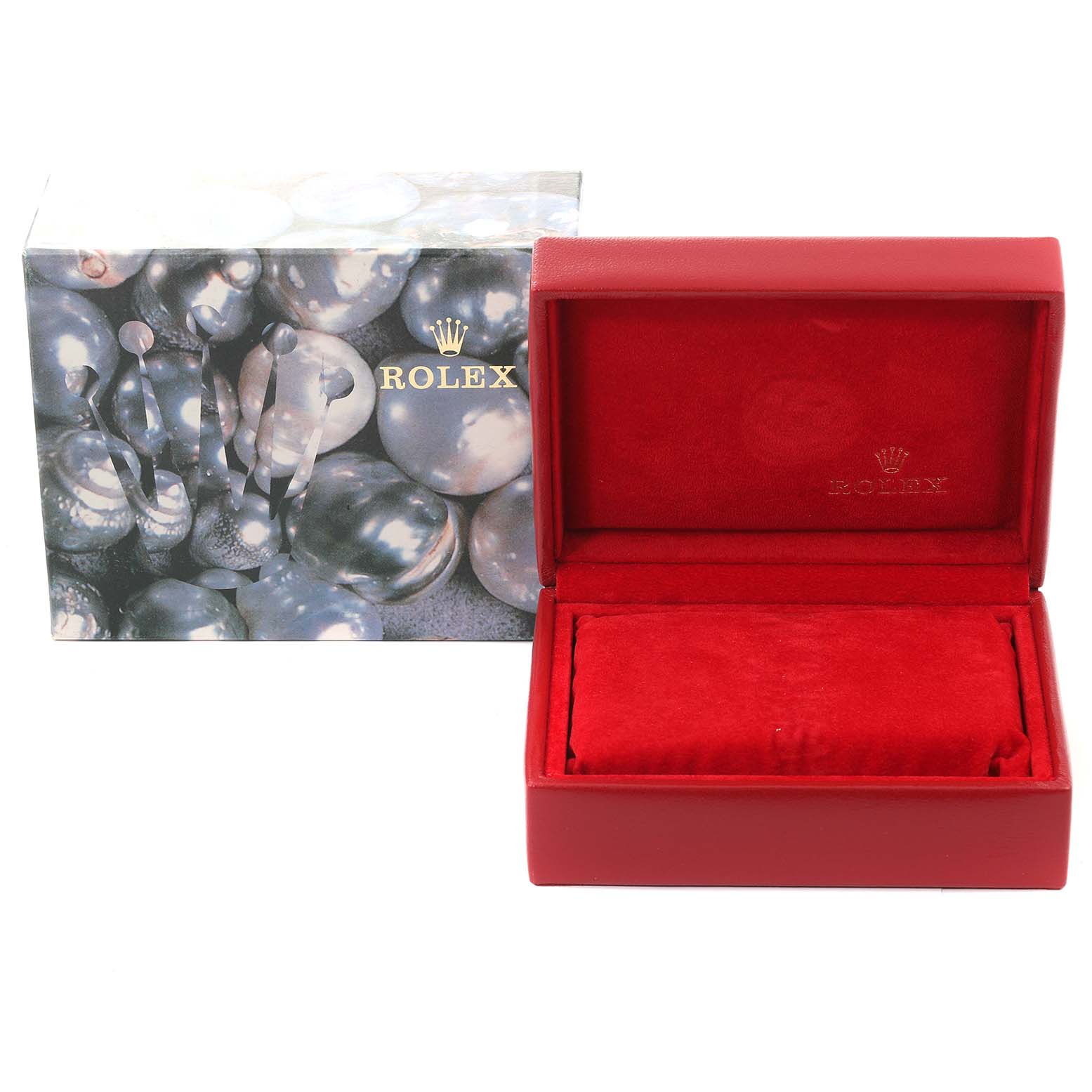 The image shows a Rolex Datejust 79173 Women's Steel and Gold (two tone) Champagne Dial 79173 Women's Steel and Gold (two tone) Champagne Dial watch box and packaging with the box open, viewed from a front angle.