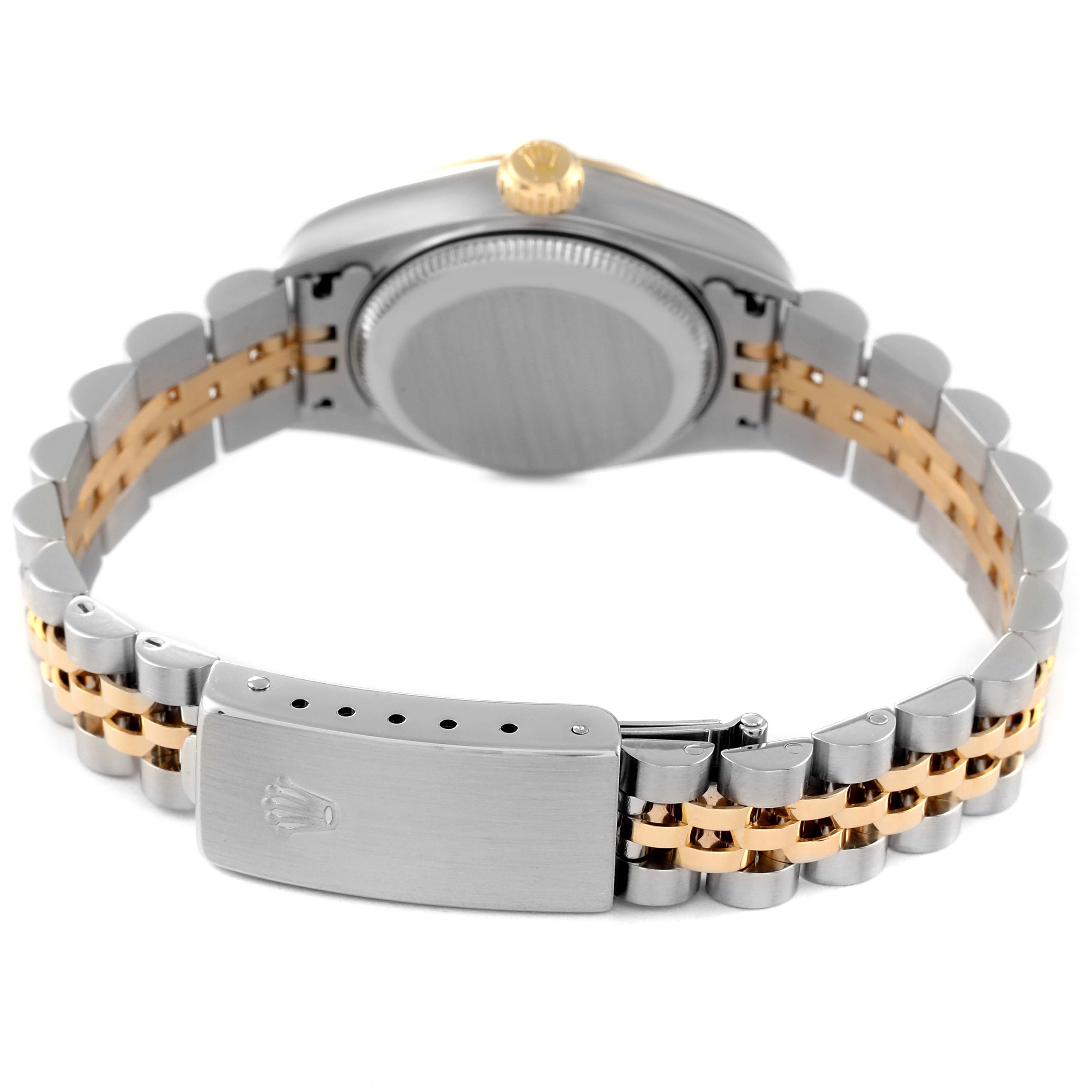 The image shows the back view of a Rolex Datejust 79173 Women's Steel and Gold (two tone) Champagne Dial 79173 Women's Steel and Gold (two tone) Champagne Dial watch, highlighting its clasp, bracelet, and case back.