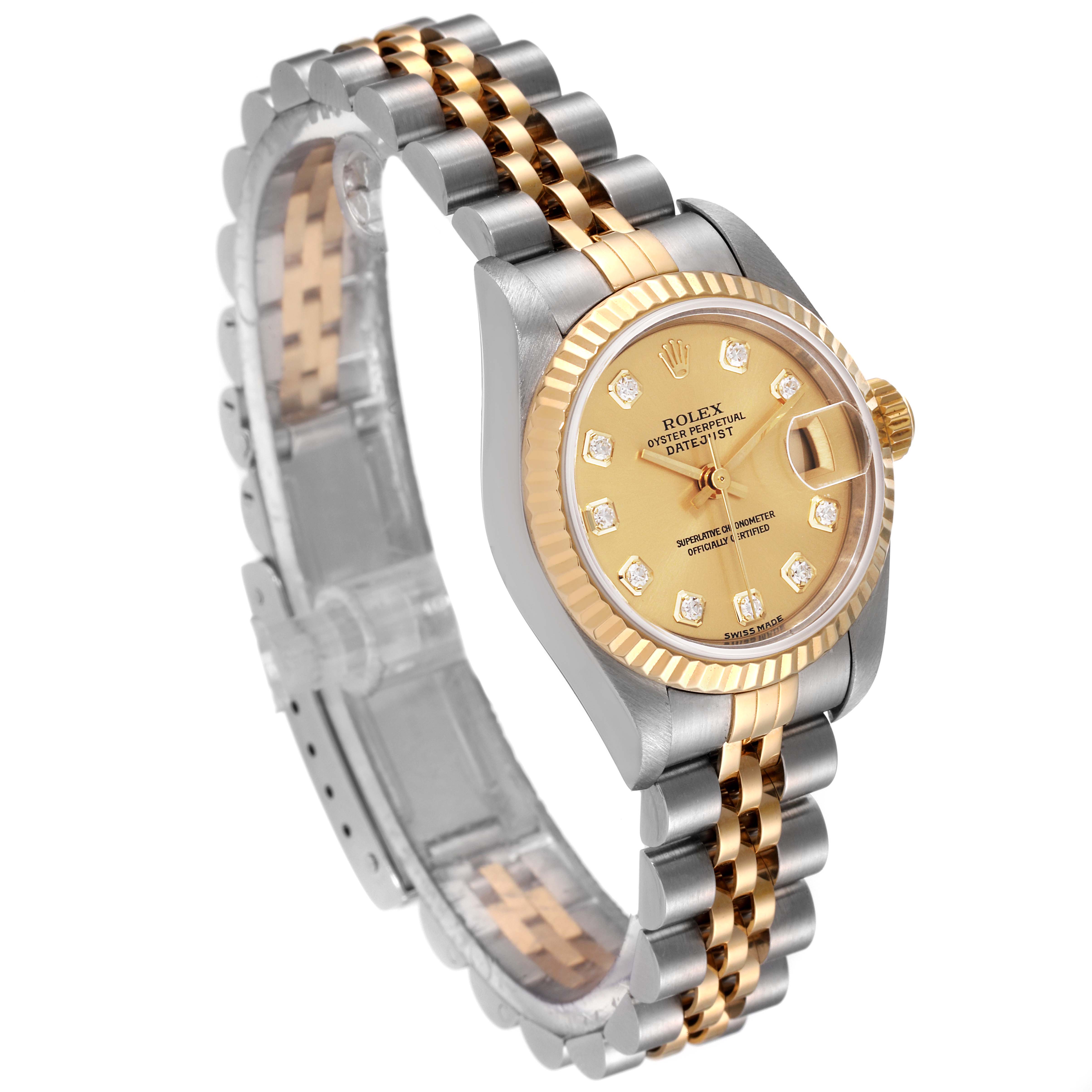 The image shows a Rolex Datejust 79173 Women's Steel and Gold (two tone) Champagne Dial 79173 Women's Steel and Gold (two tone) Champagne Dial watch at a slight angle, highlighting its gold and silver link bracelet, dial, and fluted bezel.