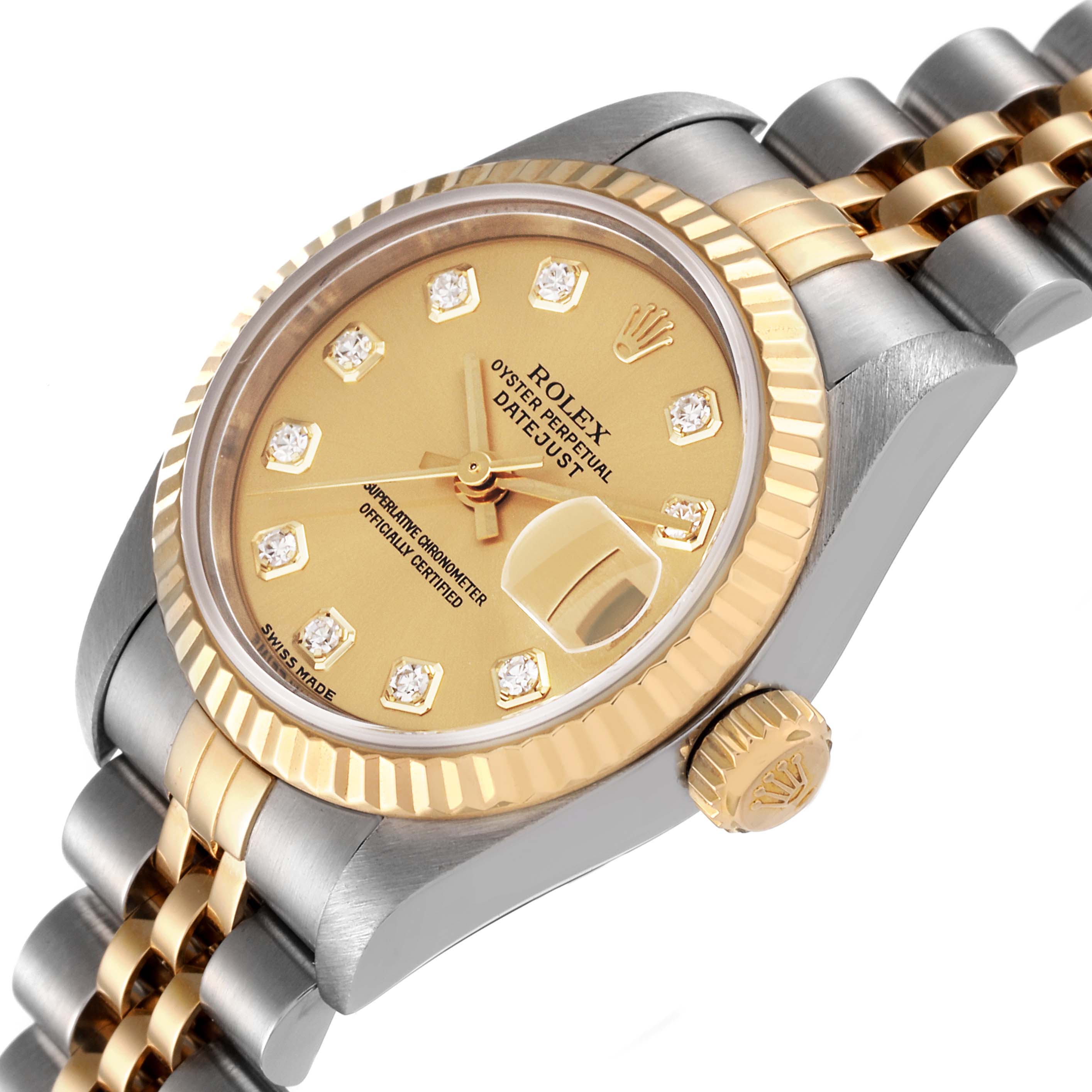 This image shows a close-up of a Rolex Datejust 79173 Women's Steel and Gold (two tone) Champagne Dial 79173 Women's Steel and Gold (two tone) Champagne Dial watch, highlighting the dial, bezel, crown, and part of the bracelet.