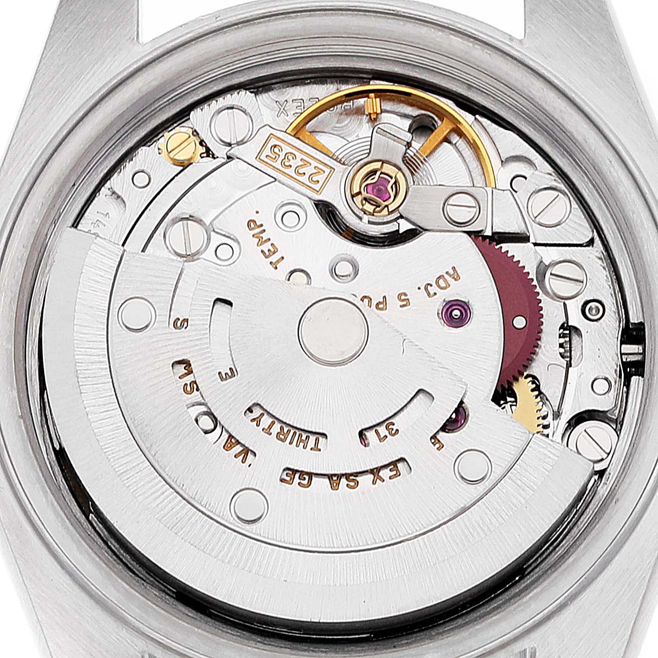 The image shows a close-up of the movement and internal mechanism of a Rolex Datejust 79173 Women's Steel and Gold (two tone) Champagne Dial 79173 Women's Steel and Gold (two tone) Champagne Dial watch.