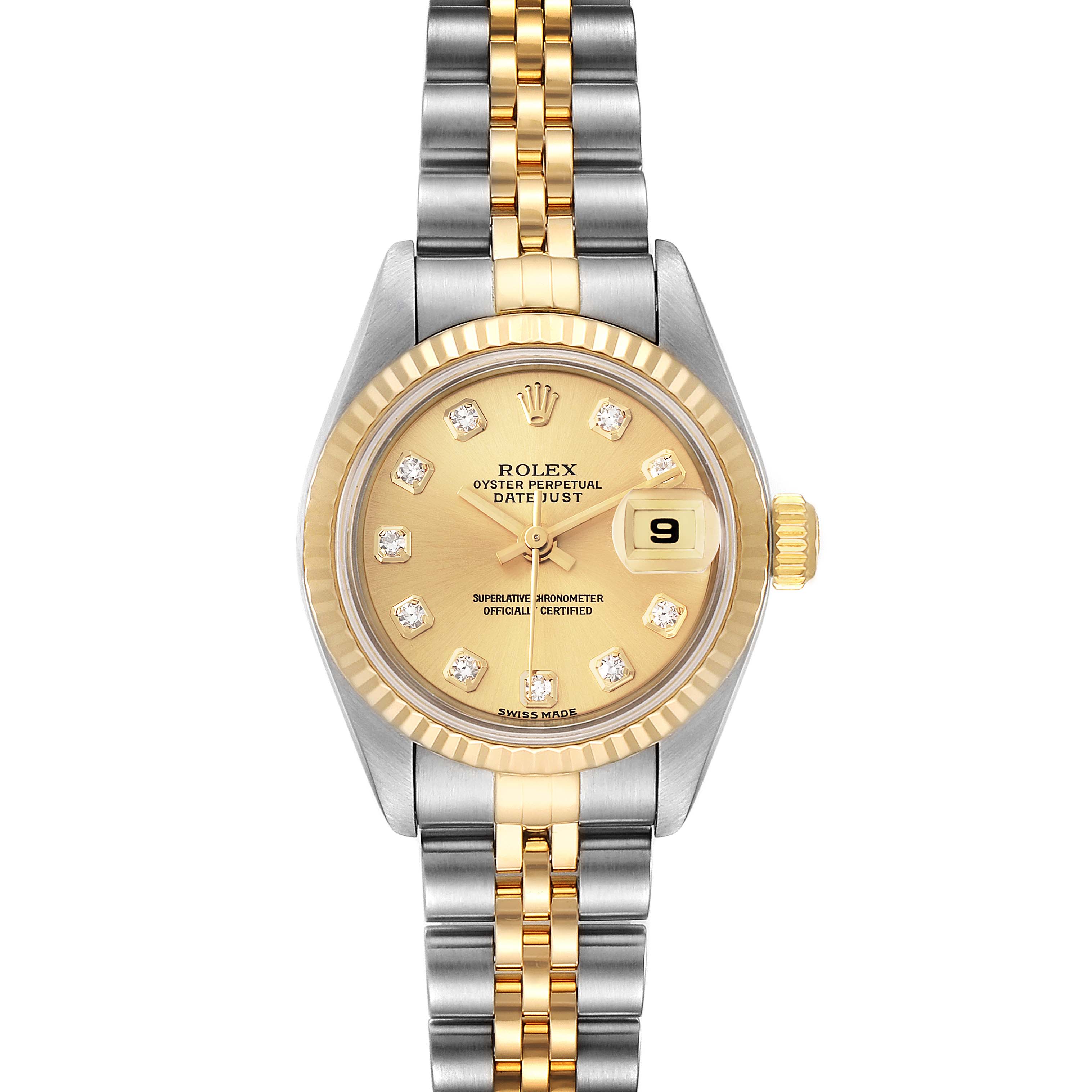 This Rolex Datejust 79173 Women's Steel and Gold (two tone) Champagne Dial 79173 Women's Steel and Gold (two tone) Champagne Dial watch is shown from a top-down angle, highlighting its face, bezel, and metal bracelet.